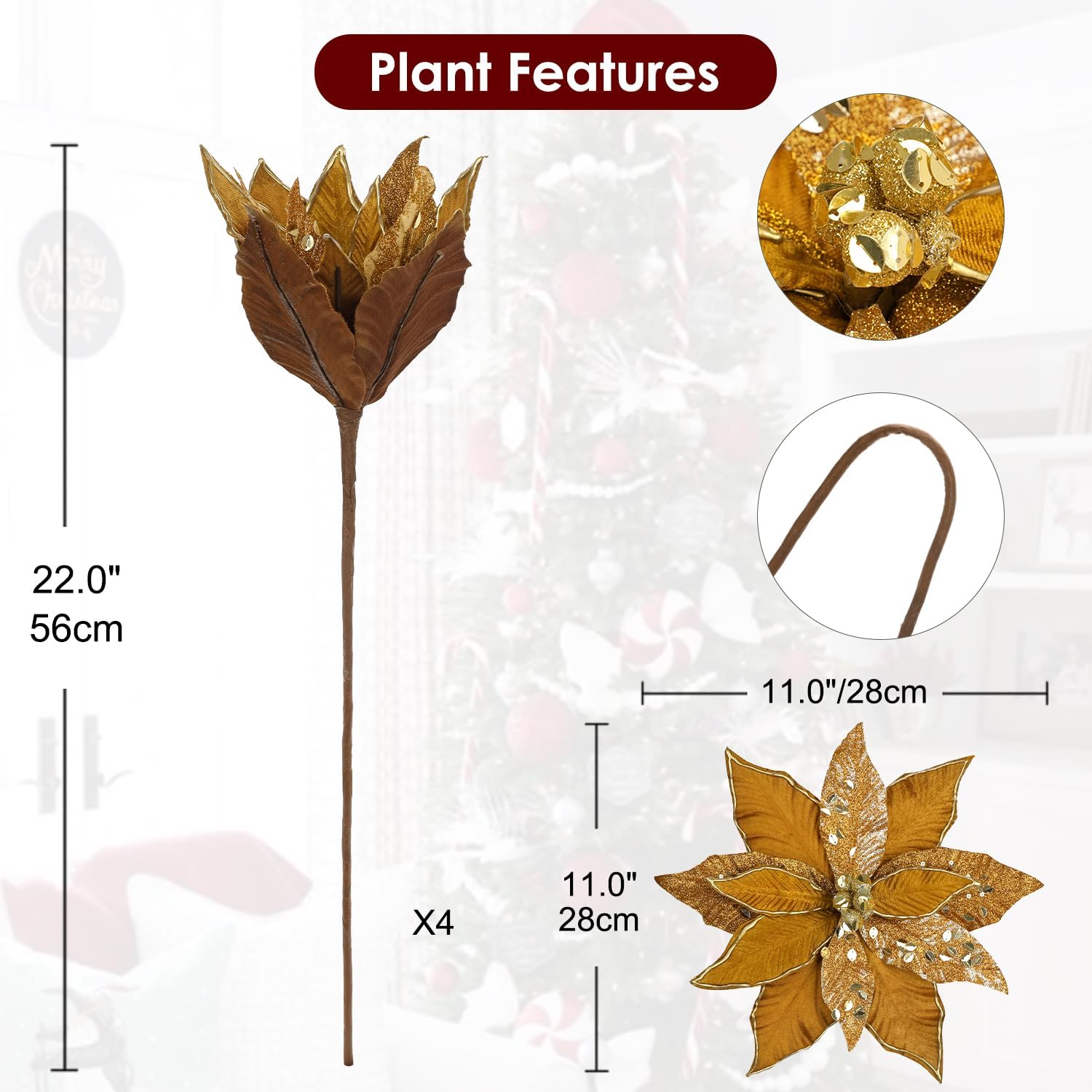 Thumbnail 5 de Oairse Glitter Poinsettia Picks 30cm 🎄