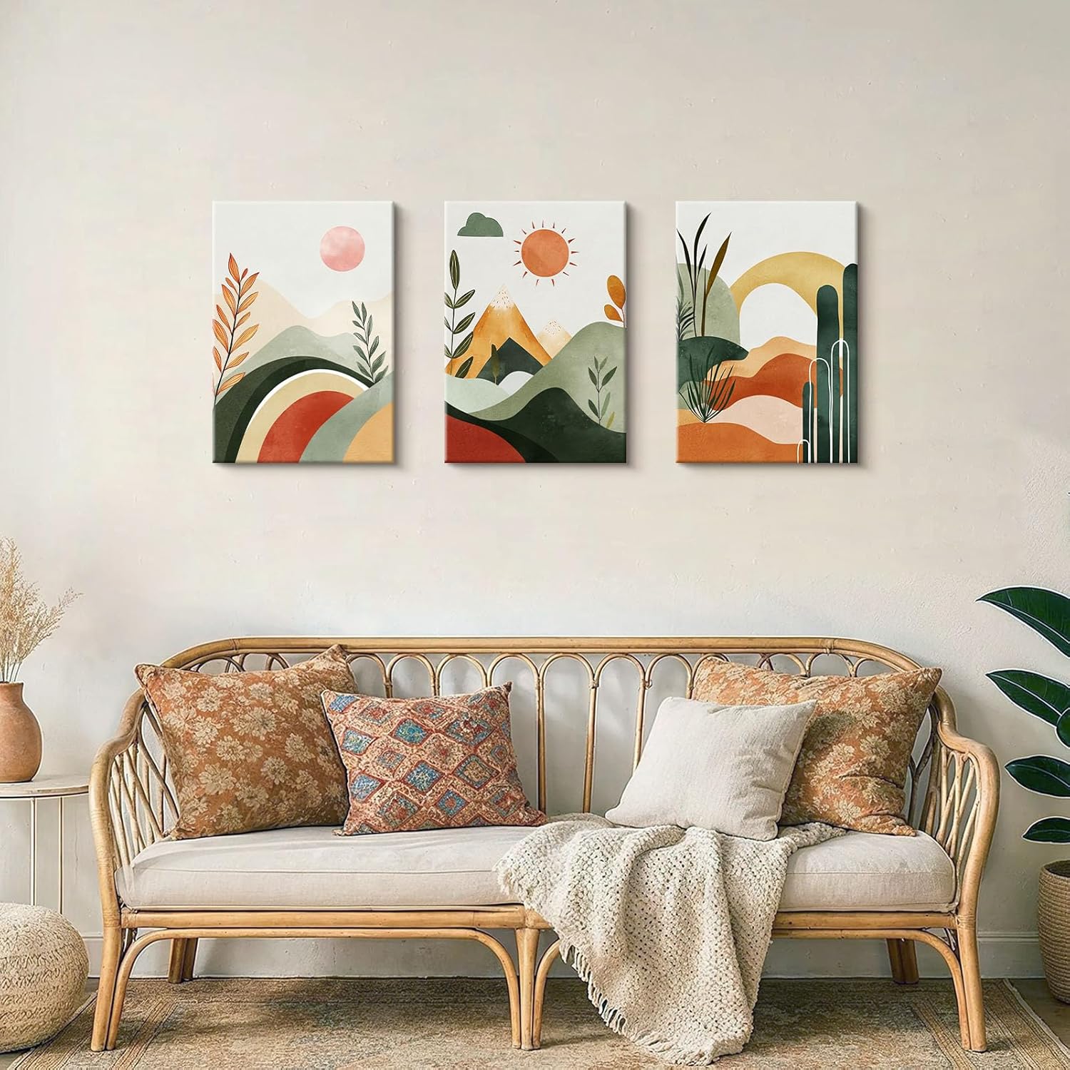 Thumbnail 2 de 3-teilige Leinwandbilder im Boho-Look (Grün) mit Berg & Sonne, ca. 120x60 cm, gerahmt