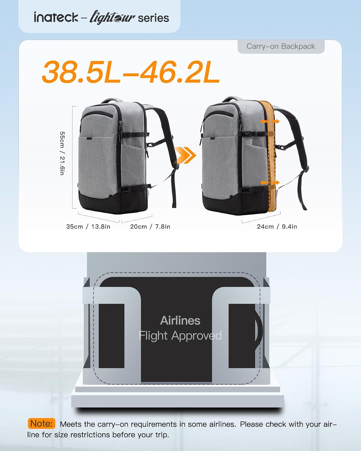 Detalle 2 de Inateck Lightour expandable cabin travel backpack (38.5–46.2L) with 17.3" laptop compartment