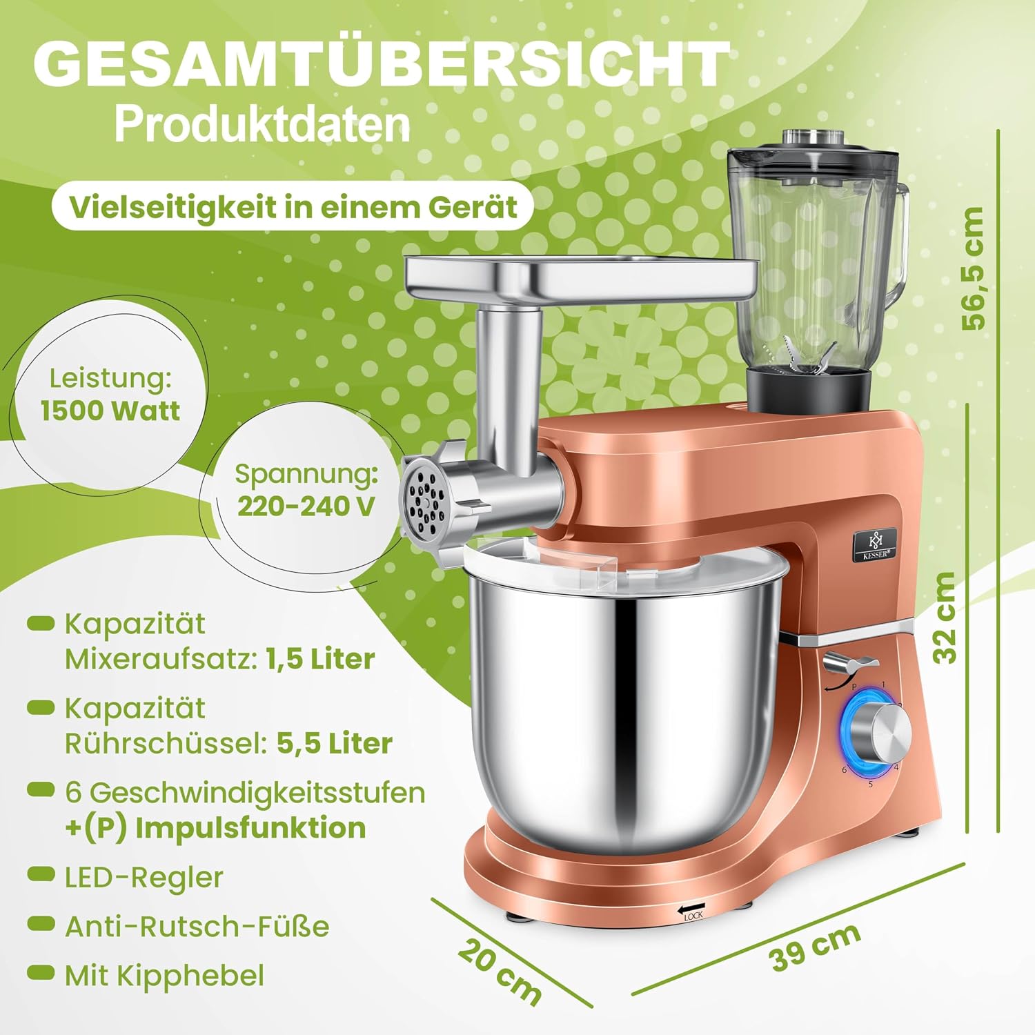 Thumbnail 5 de KESSER 3-in-1 Universal Küchenmaschine K-KM 3000 mit Fleischwolf, Knetmaschine und 5,5-l-Schüssel (inkl. Zubehör-Set)