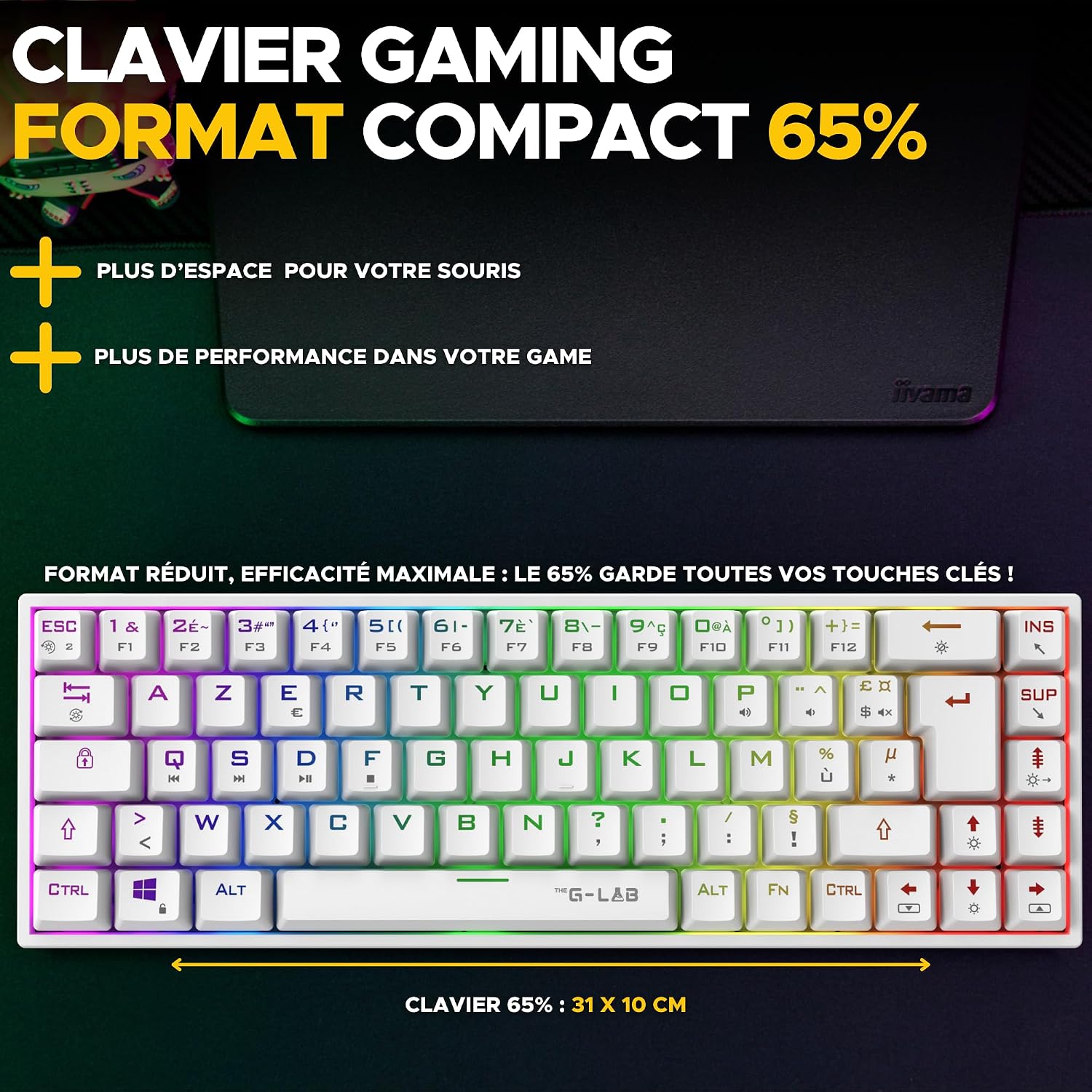 Thumbnail 2 de The G-Lab Keyz Titanium 65% Mechanical Gaming Keyboard, White AZERTY, Red Switches