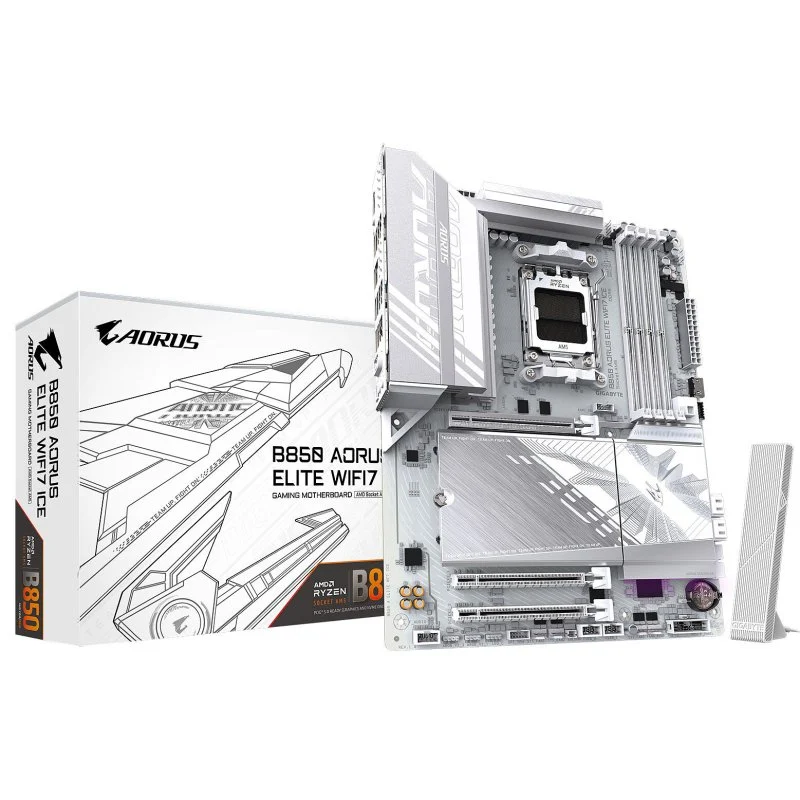 Detalle de Gigabyte B850 AORUS ELITE WIFI7 ICE: placa base AMD AM5 orientada a juego y contenido