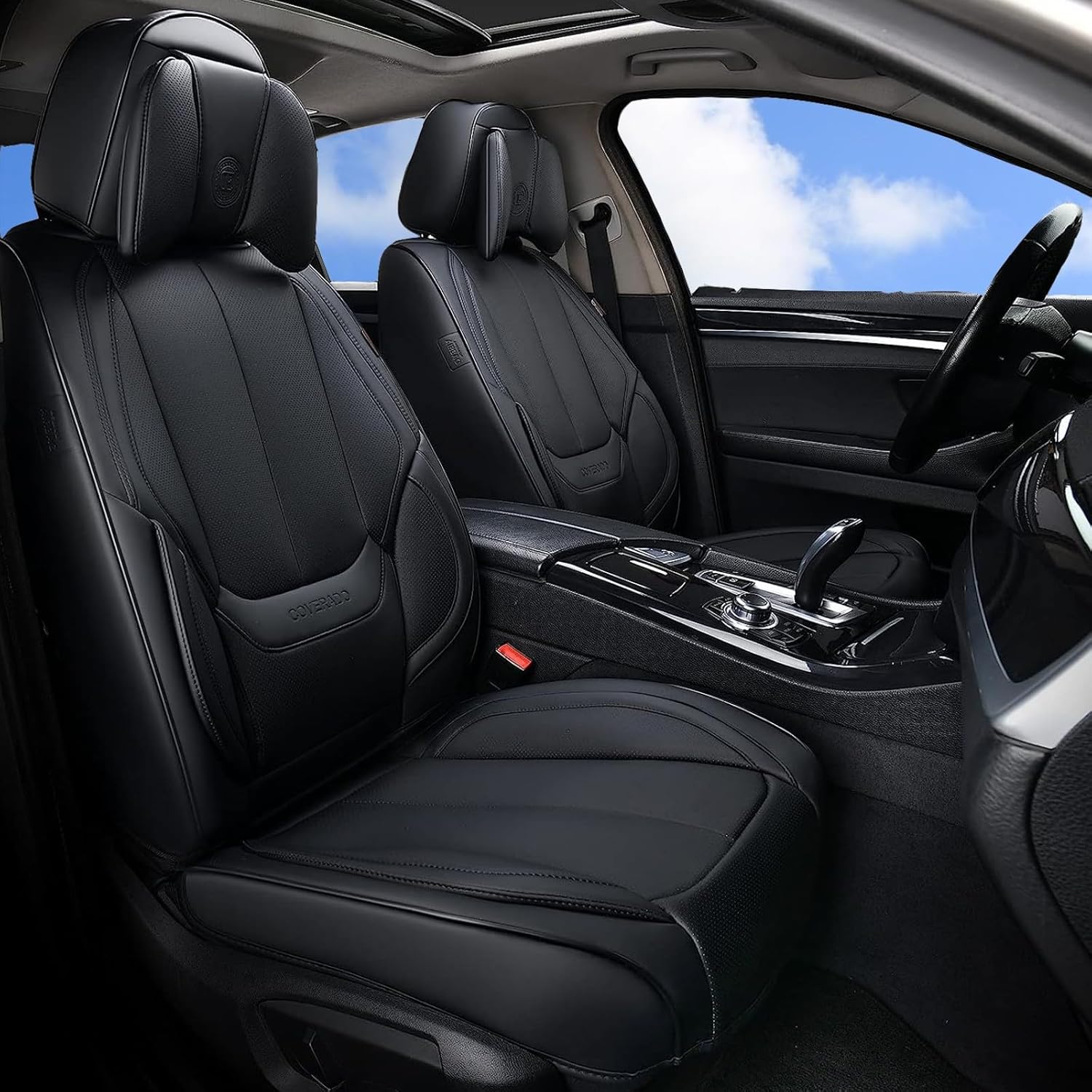 Detalle de Coverado Car Seat Covers 5 Pieces Full Set Universal Waterproof Nappa Leather Auto Seat Protectors (Black)