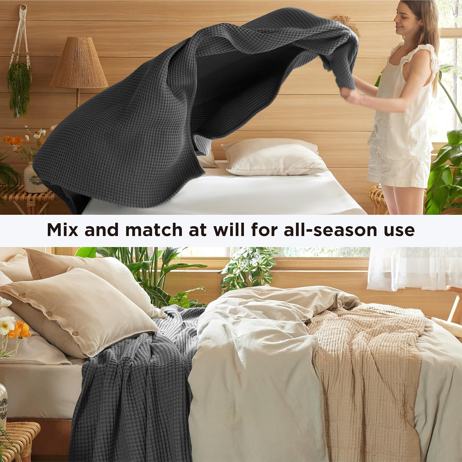 Detalle de Bedsure Blanket-Cotton-Fine Waffle King Cotton Blanket, Dark Grey