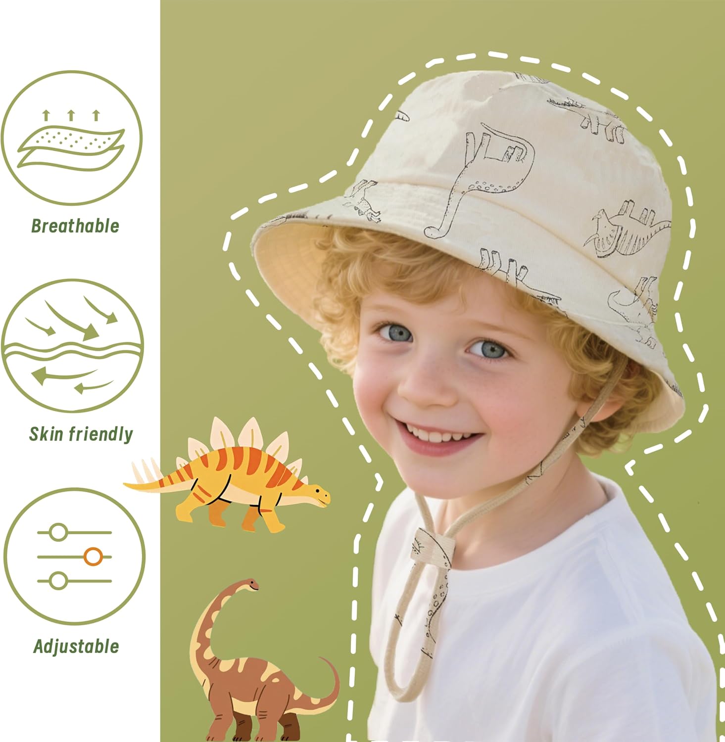 Detalle 2 de YMYDYFC UPF 50+ baby sun hat with adjustable chin strap and dinosaur bucket design