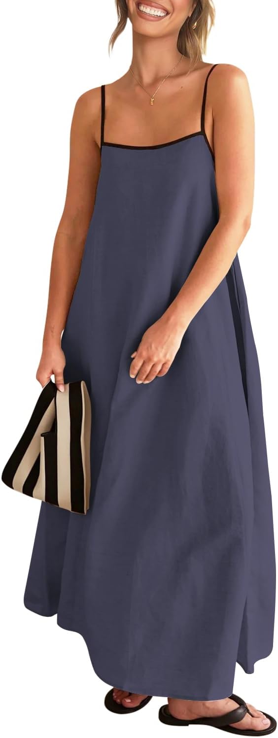 Detalle de Shy Velvet Women's 2026 Summer Linen Maxi Dress with Contrast Trim
