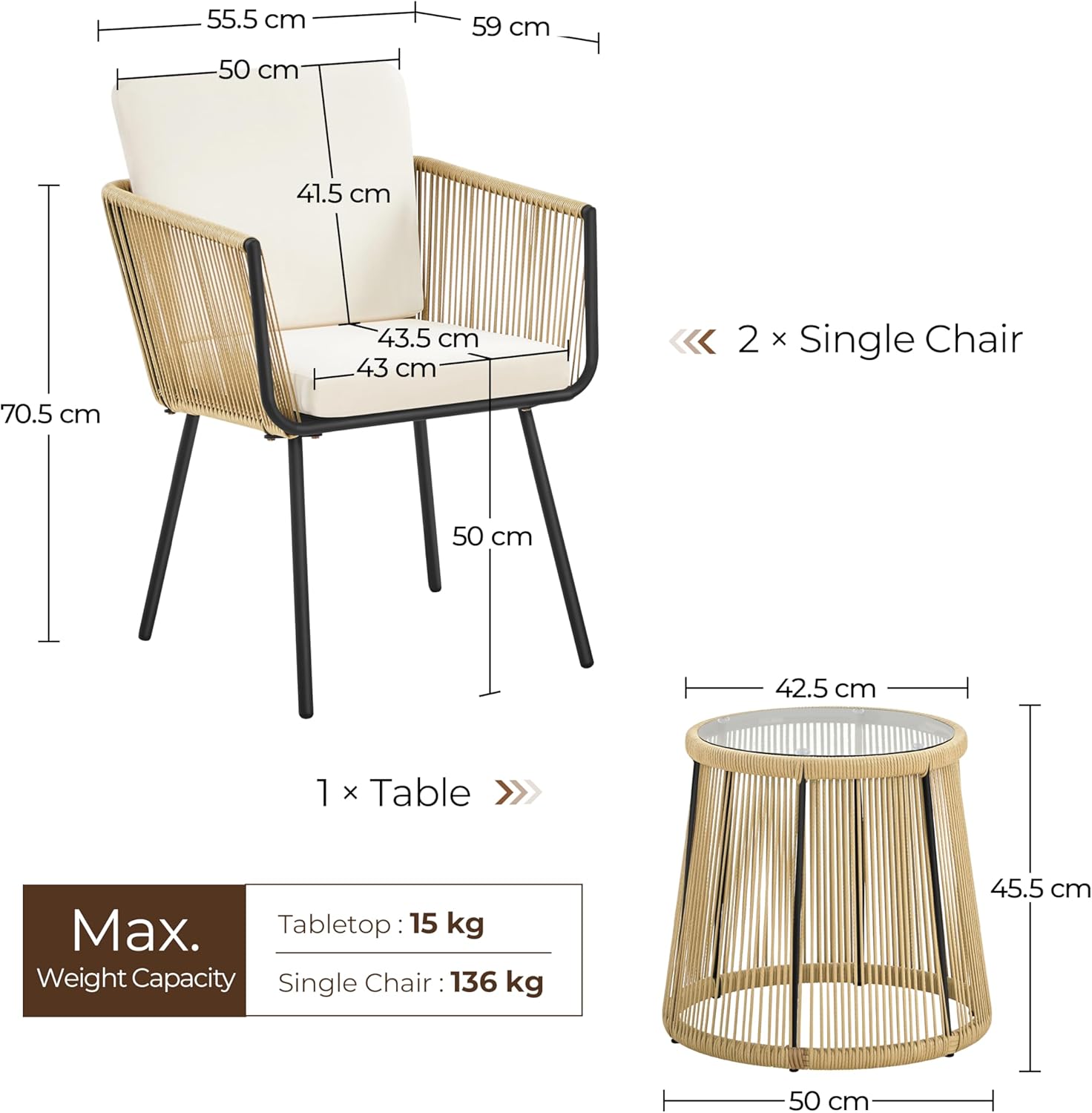 Detalle de Yaheetech 3TLG. Rattan Balkonset – 2-Sitzer Outdoor-Gartenmöbel mit Glas-Tisch