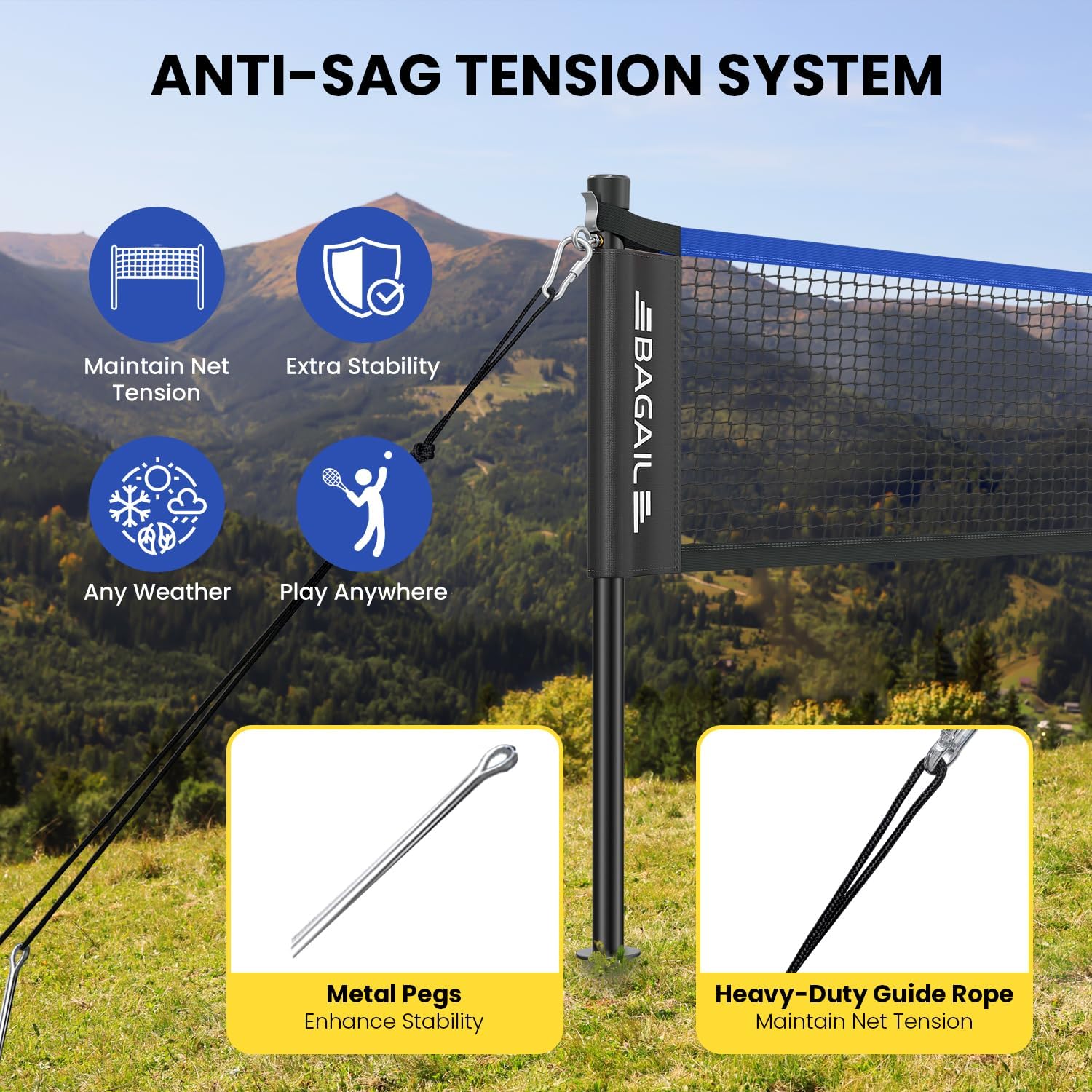 Detalle 2 de BAGAIL BN05-Blue Badminton Set with 20ft x 5.1ft Net and Winch System