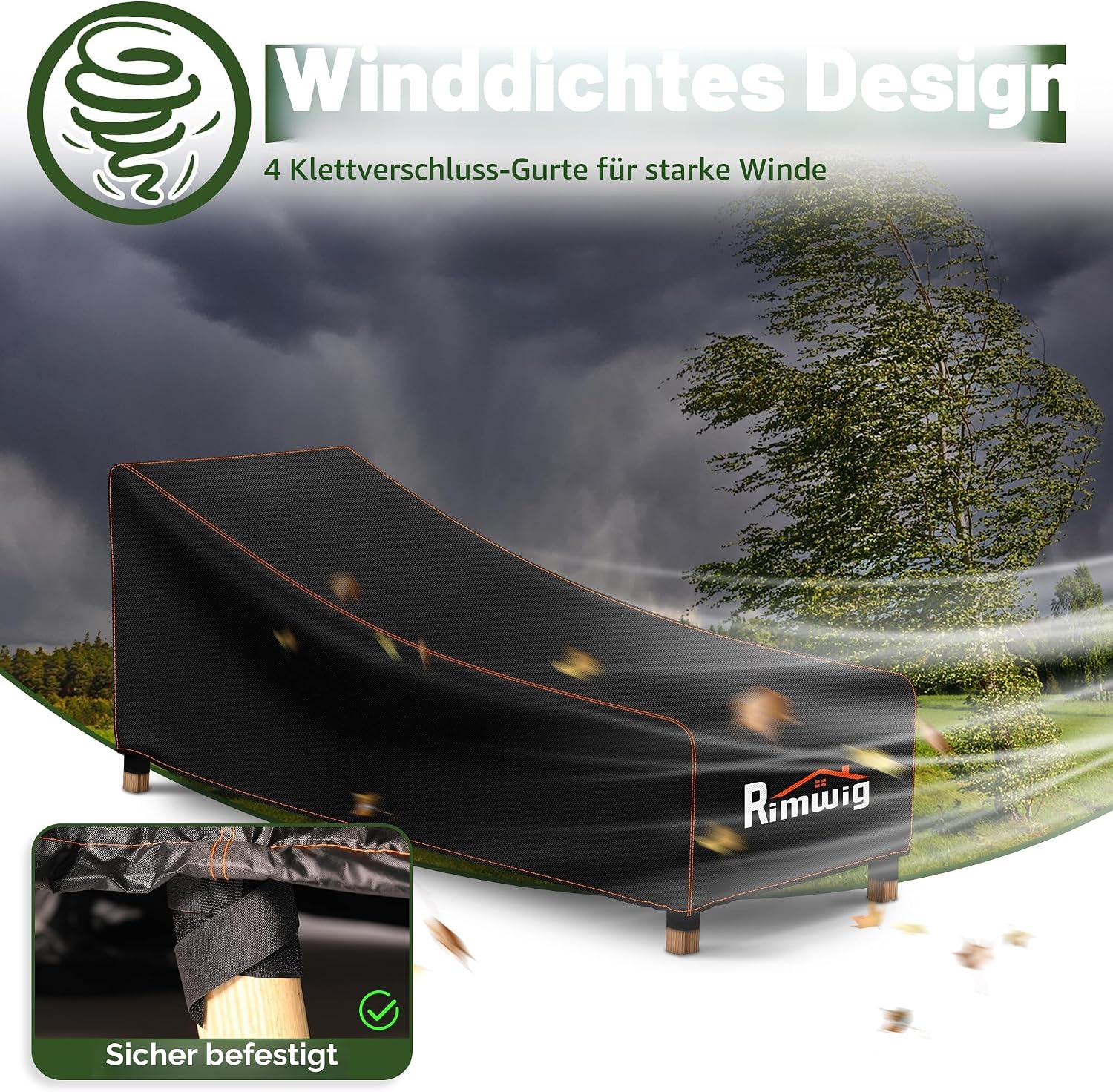 Detalle de Rimwig Gartenliege Abdeckung Wasserdicht – stabile Schutzhülle für Terrasse & Gartenliege 200x75x40/70 cm