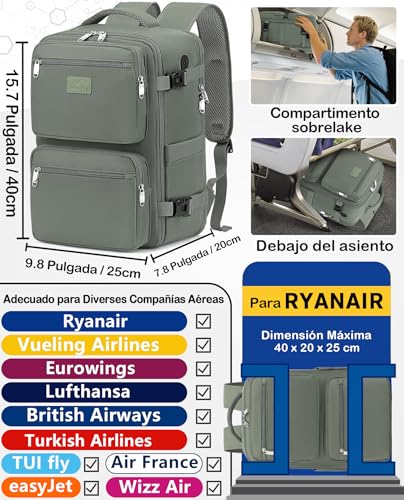 Detalle 2 de LYNXCHER Mochila de viaje para cabina 40x25x20 cm (Ryaniar) 20 L, antirrobo y compartimento para portátil 14" – Verde Claro