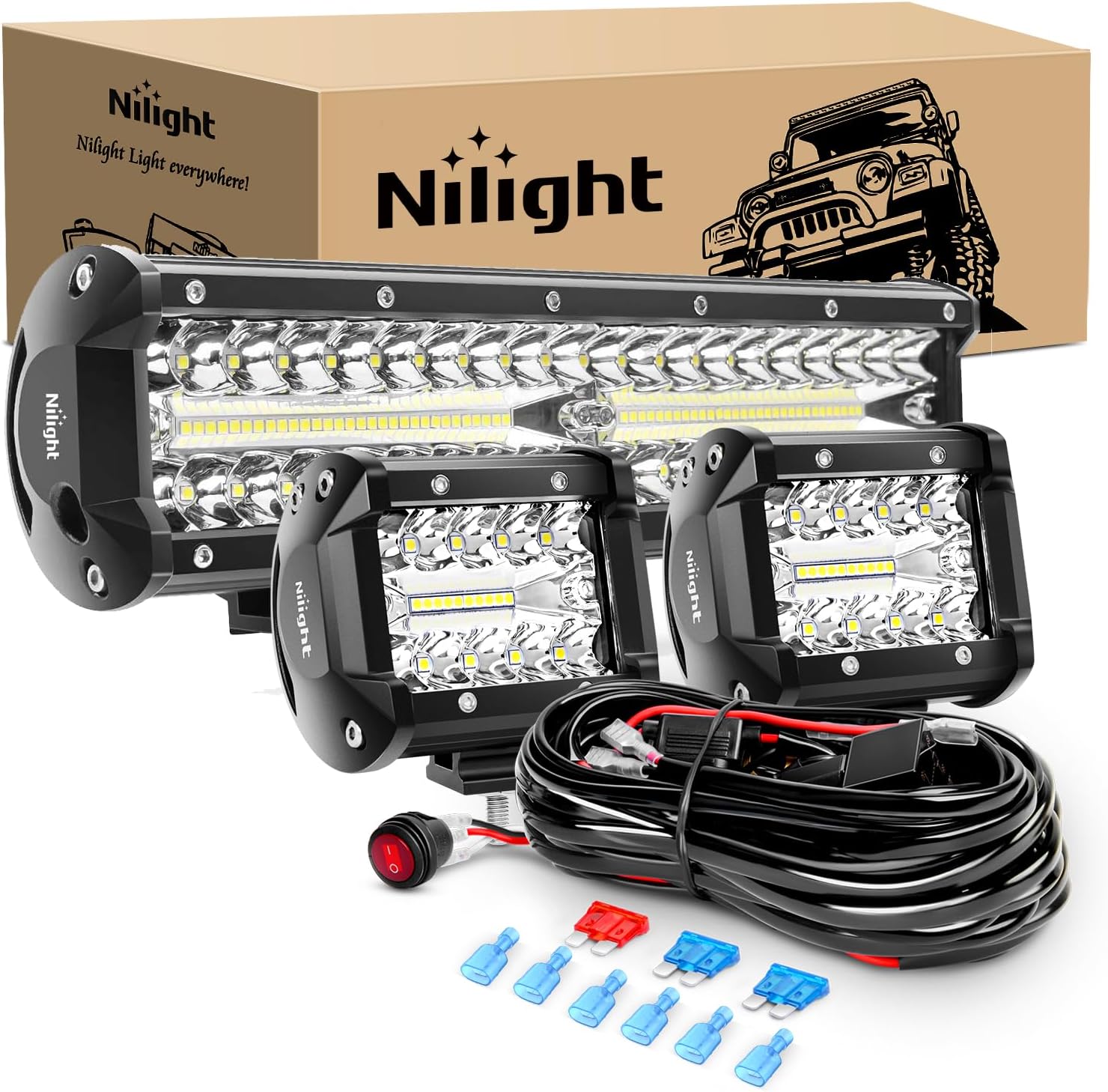 Detalle de Nilight 12-Inch 300W Triple-Row LED Light Bar Set with 2x 4-Inch Spot/Flood Lights