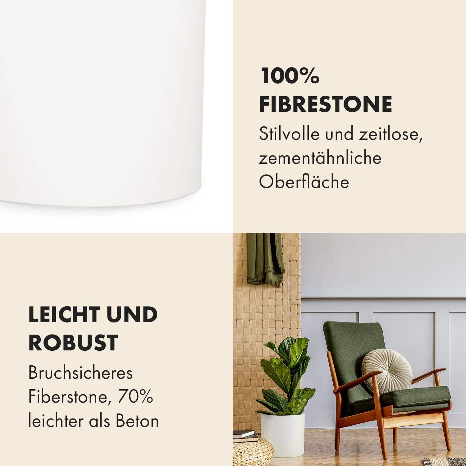 Detalle de Fox & Fern 8719327037362 Fiberstone Plant Pot, Matte White with Drainage Plug