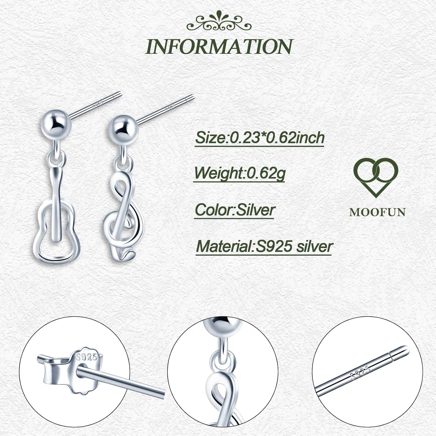 Detalle 2 de MOOFUN Musik Ohrringe: Silberne Gitarren-Noten Ohrstecker aus 925er Sterling Silber