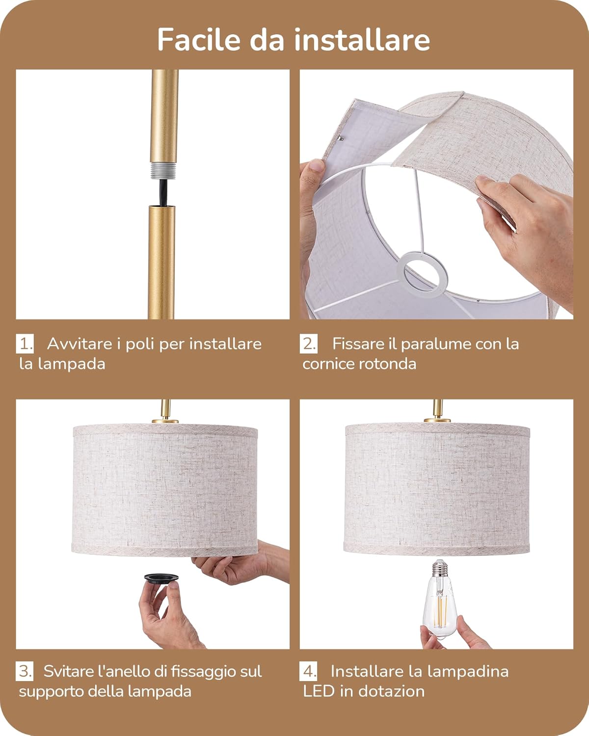 Thumbnail 5 de EDISHINE Lampada da Terra con Paralume in Lino, Arco Orientabile e Lampadina Inclusa - Oro