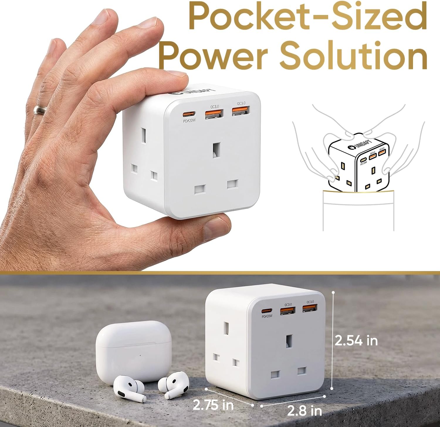 Thumbnail 4 de Unidapt 3 Way Plug Adaptor with 3 Fast Charge Ports – 6-in-1 UK Wall Power Cube