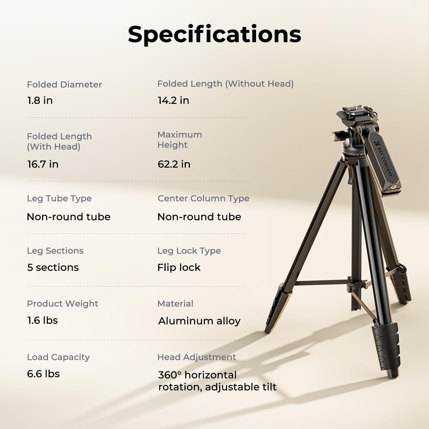 Thumbnail 6 de K&F CONCEPT 62.2"/158cm Lightweight Camera Tripod with Phone Holder