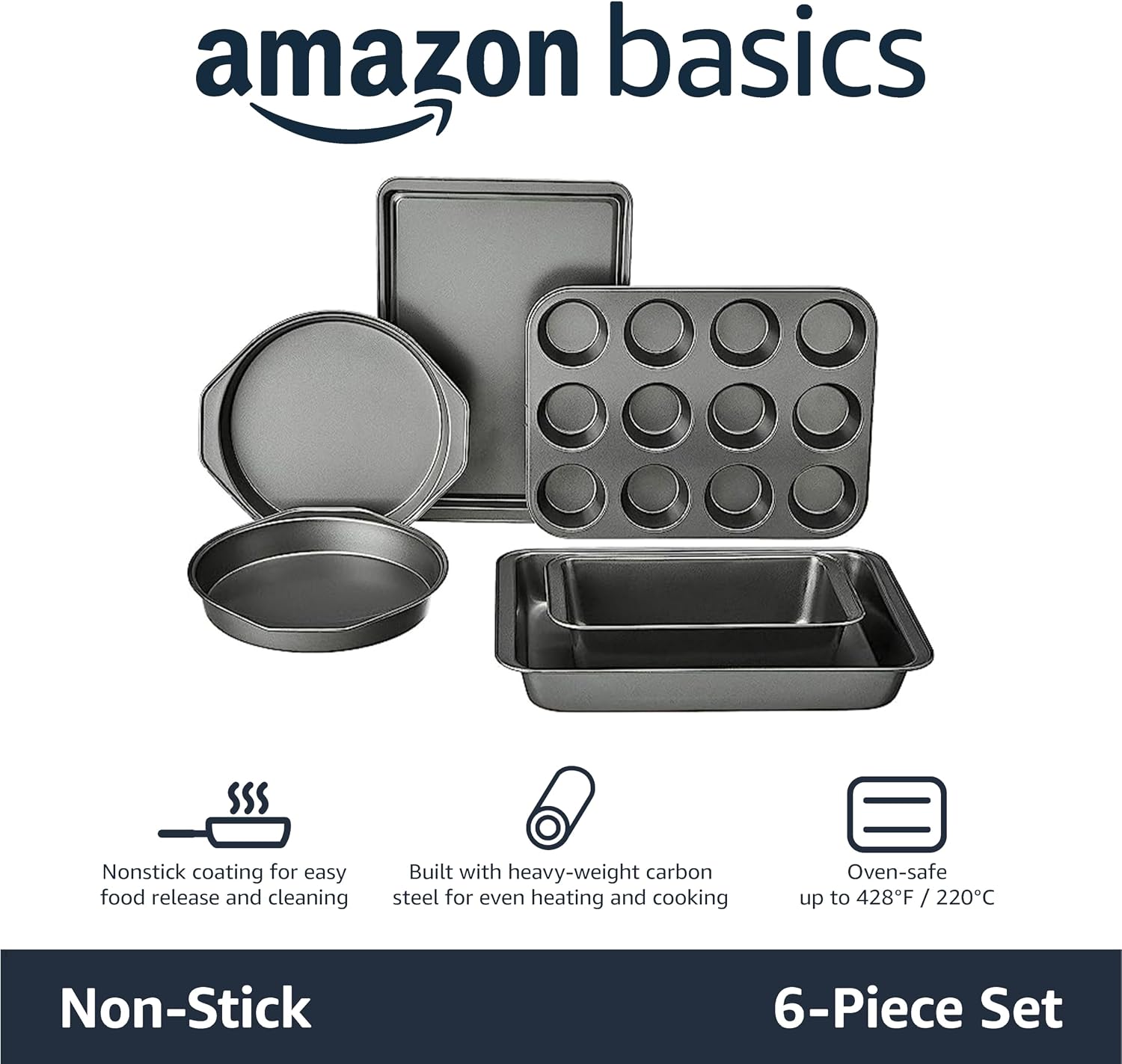 Detalle 2 de Amazon Basics 6-częściowy zestaw do pieczenia ze stali węglowej, powłoka nieprzywierająca