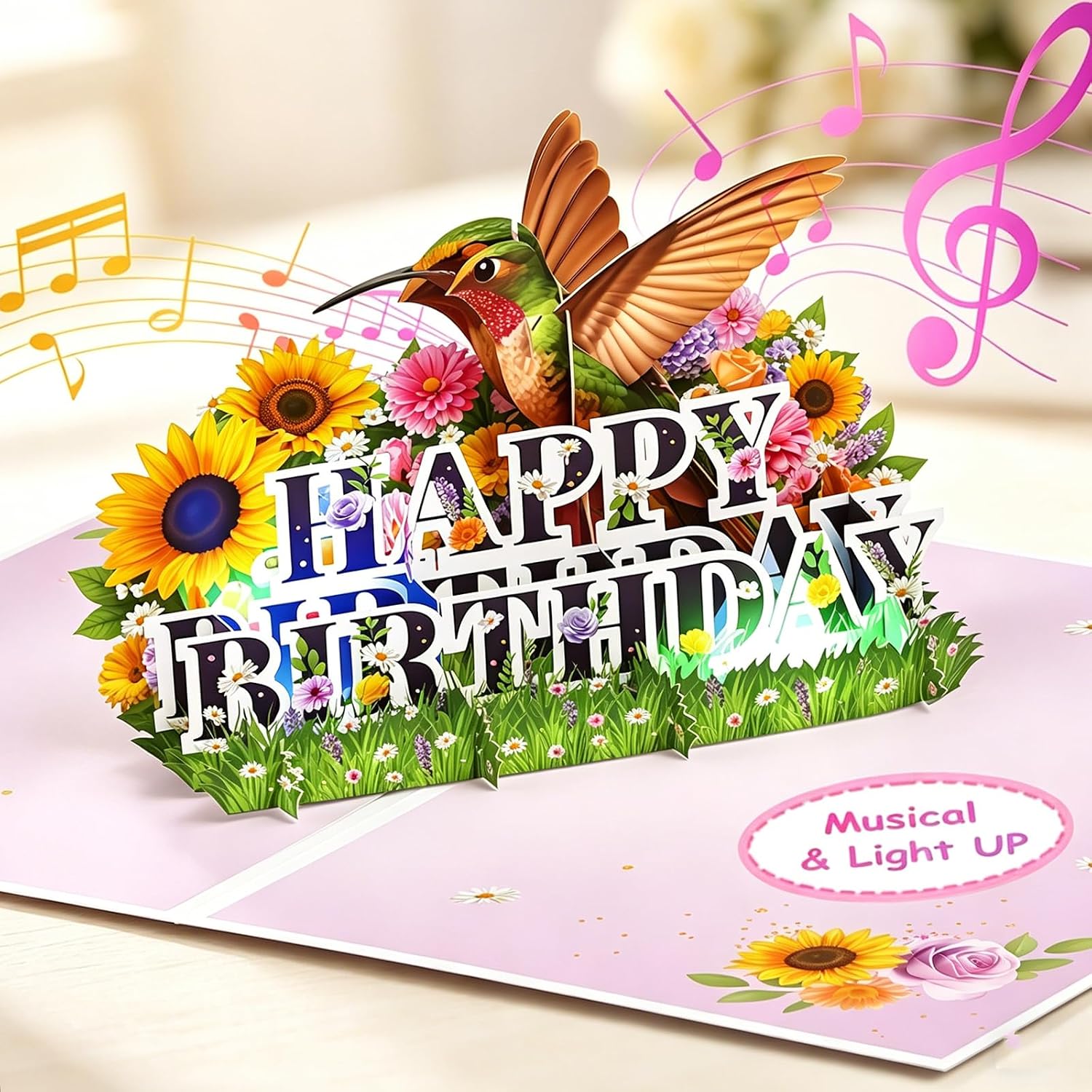 Detalle de Birthday Card: 3D Pop-Up with Music & Light – Hummingbird Flowers