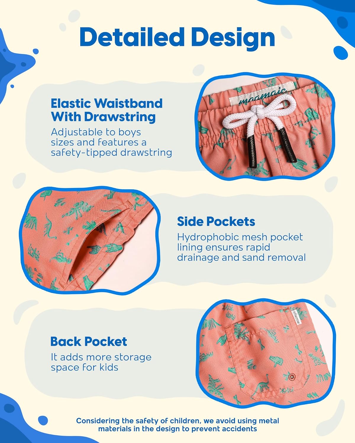 Detalle de MaaMgic Kleine Jungen Badeshorts Schnelltrocknend – Boardshorts mit Mesh-Futter, Taschen und verstellbarem Tunnelzug