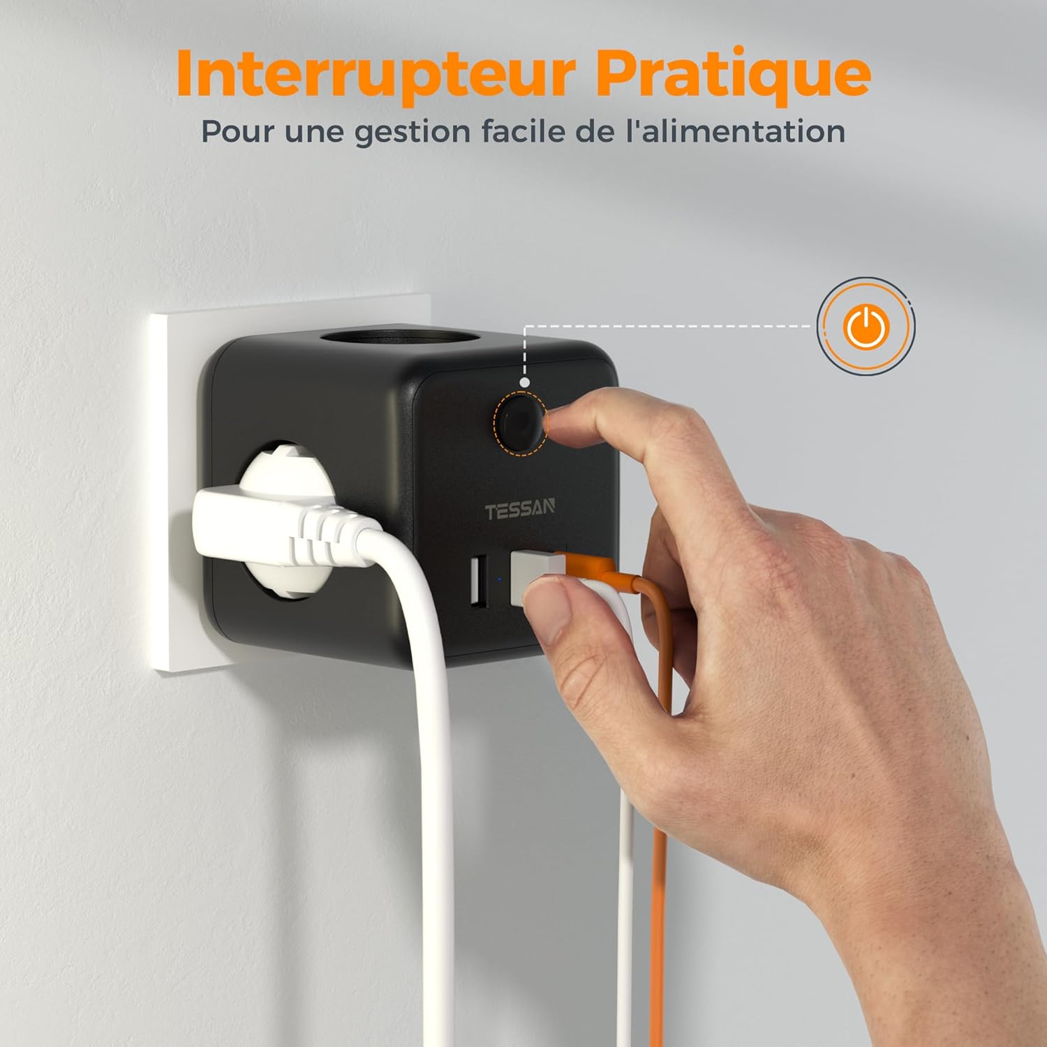 Detalle de TESSAN 6 en 1 Chargeur USB C 15W et Multiprise Murale 3 Sorties AC – Cube Noir