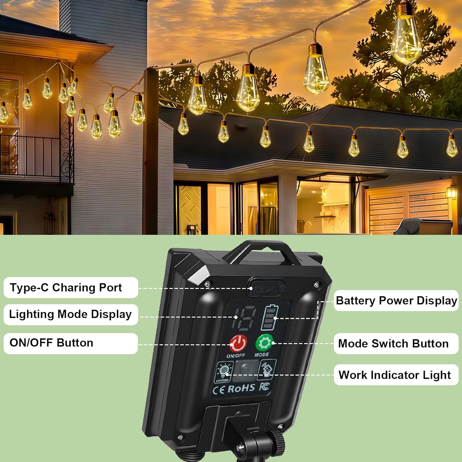 Thumbnail 3 de Giliwosy Solar String Lights Outdoor Garden (10m, 16 Papaya-style LEDs) with Remote, Timer & 1200mAh Battery