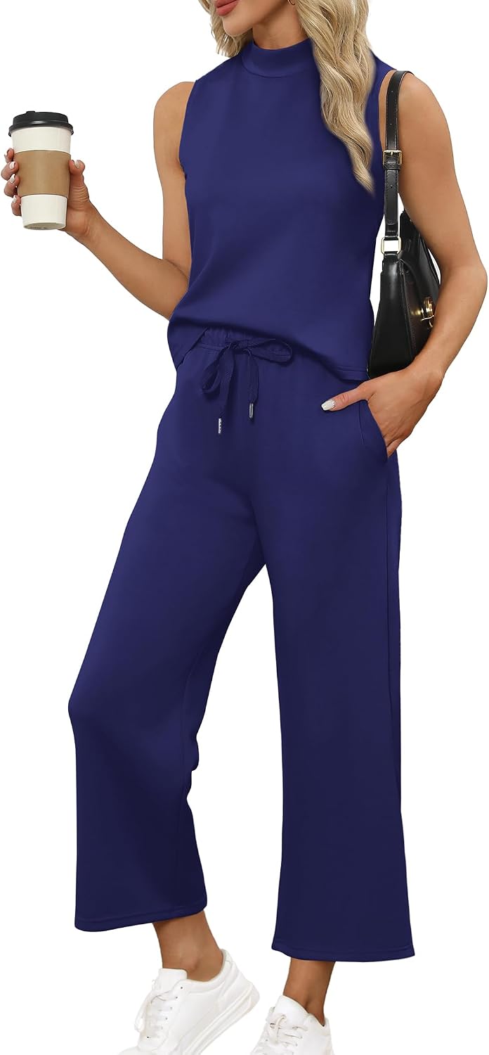 Detalle de SAMPEEL Two-Piece Summer Lounge Set for Women: Mock Neck Crop Top & Wide-Leg Pants