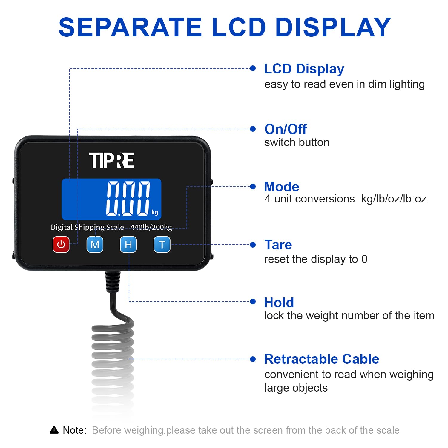 Thumbnail 2 de TIPRE CS002 Shipping Scale, 440 lb Capacity, Carbon Fiber Platform, LCD