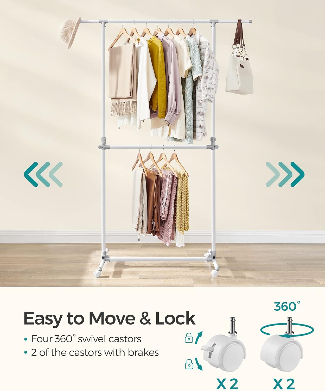 Thumbnail 6 de SONGMICS Double Clothes Rail LLR401W01 review: practical, mobile garment storage with extendable top rail