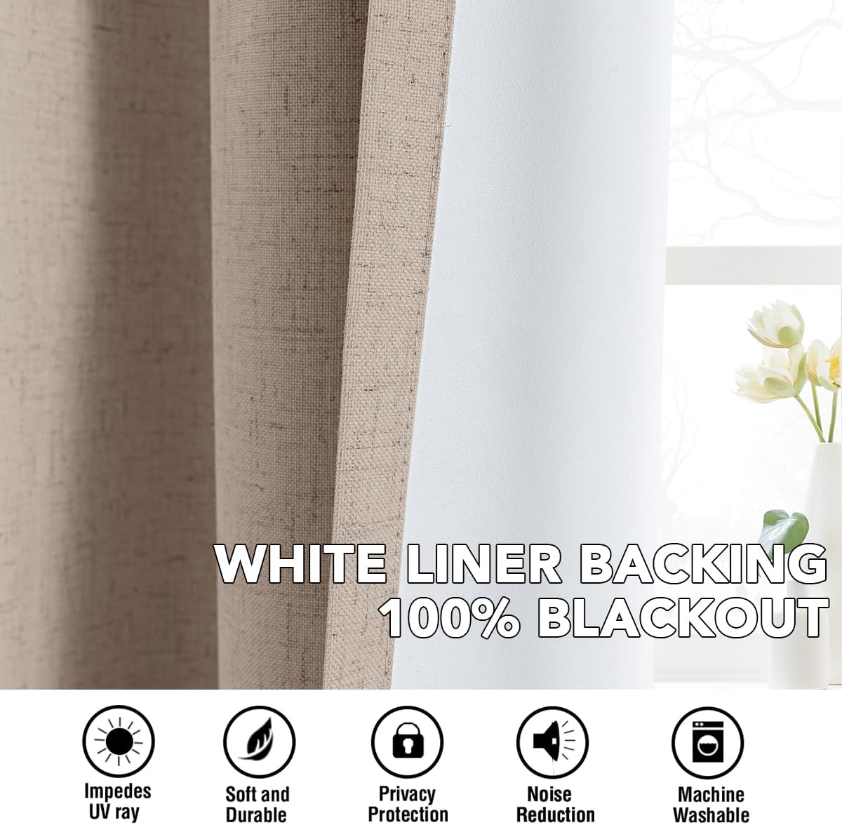 Detalle 2 de H.VERSAILTEX Linen 100% Opacity Blackout Curtains, 2 Panels, 102" Long with Nickel Grommets