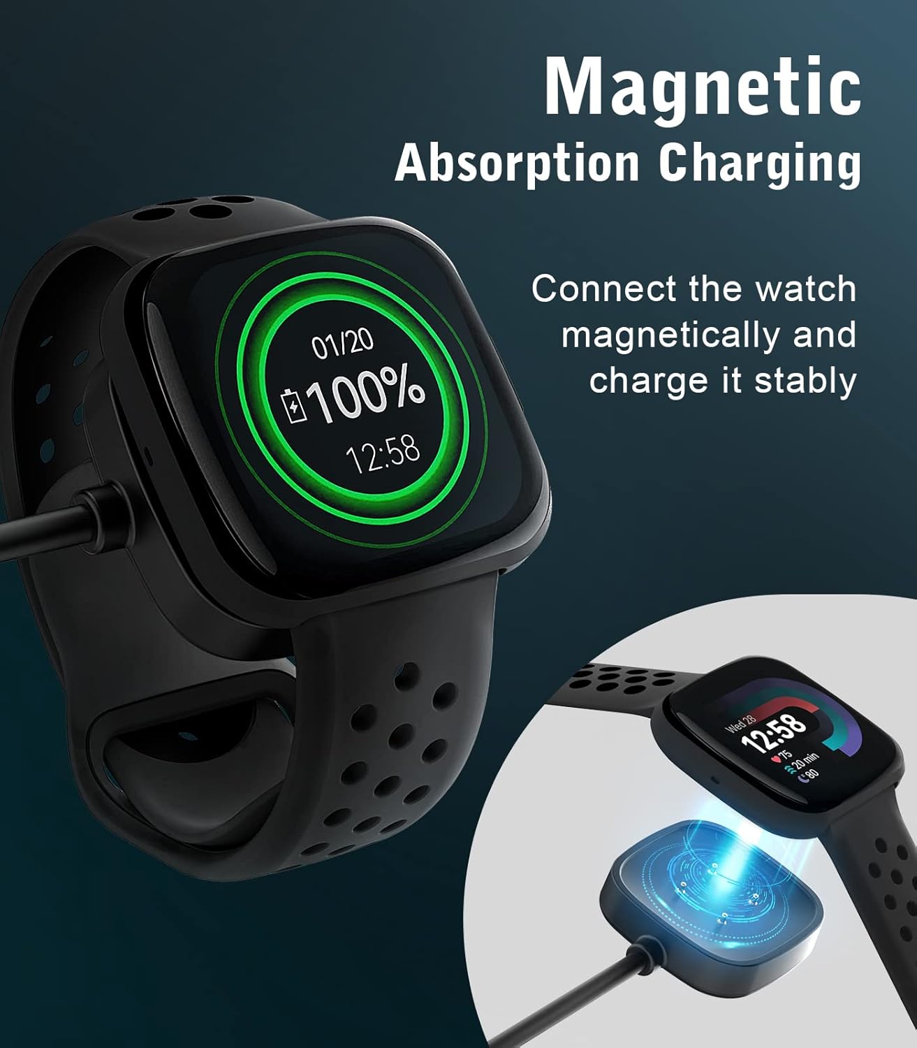 Detalle de MoKo Magnetic Replacement Charger for Fitbit Versa 4/Versa 3/Sense 2/Sense — USB Cable 1m, Black