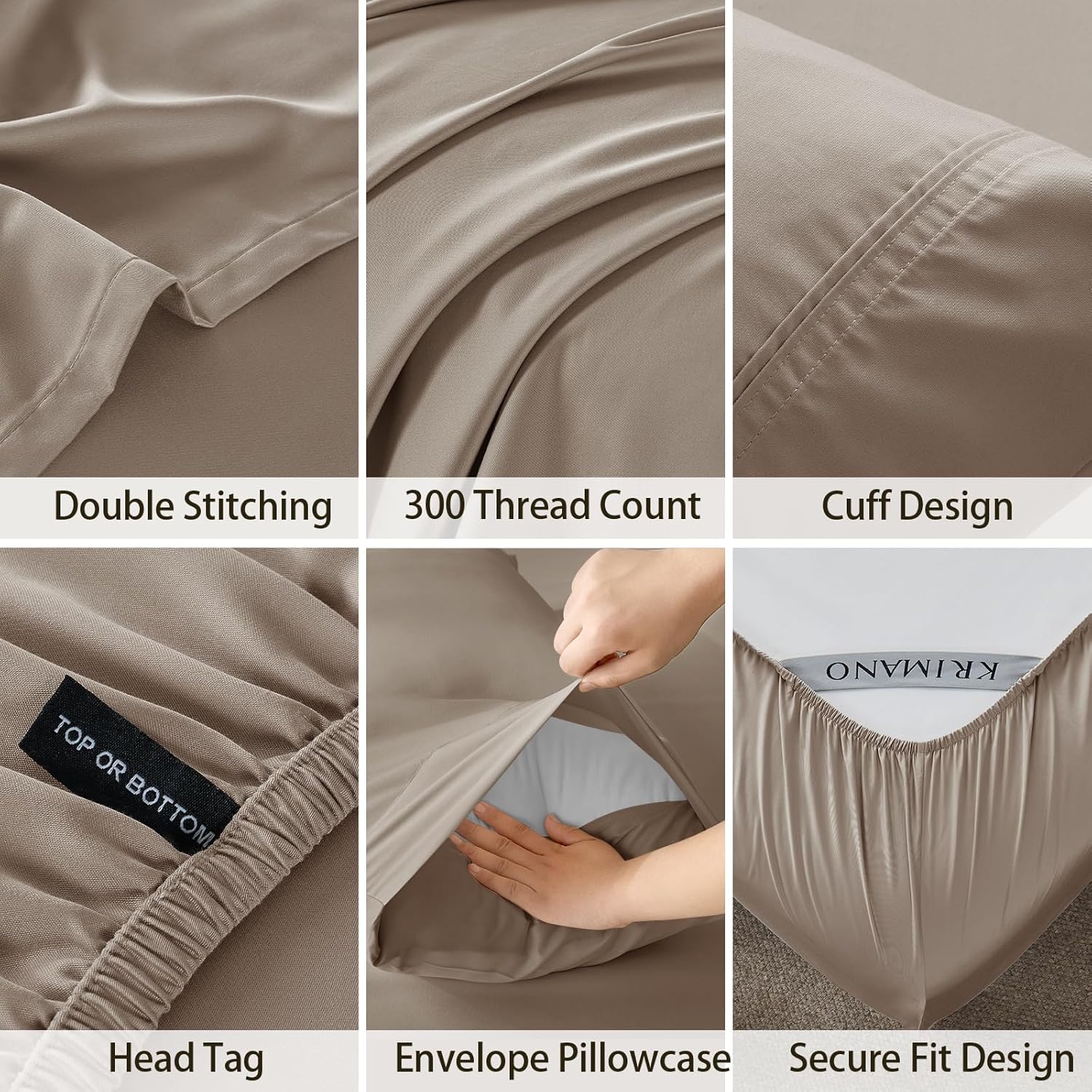 Thumbnail 4 de KRIMANO King Size Bamboo Viscose Sheet Set (4 pcs) – 100% Bamboo-Derived, Deep Pocket up to 17", Taupe