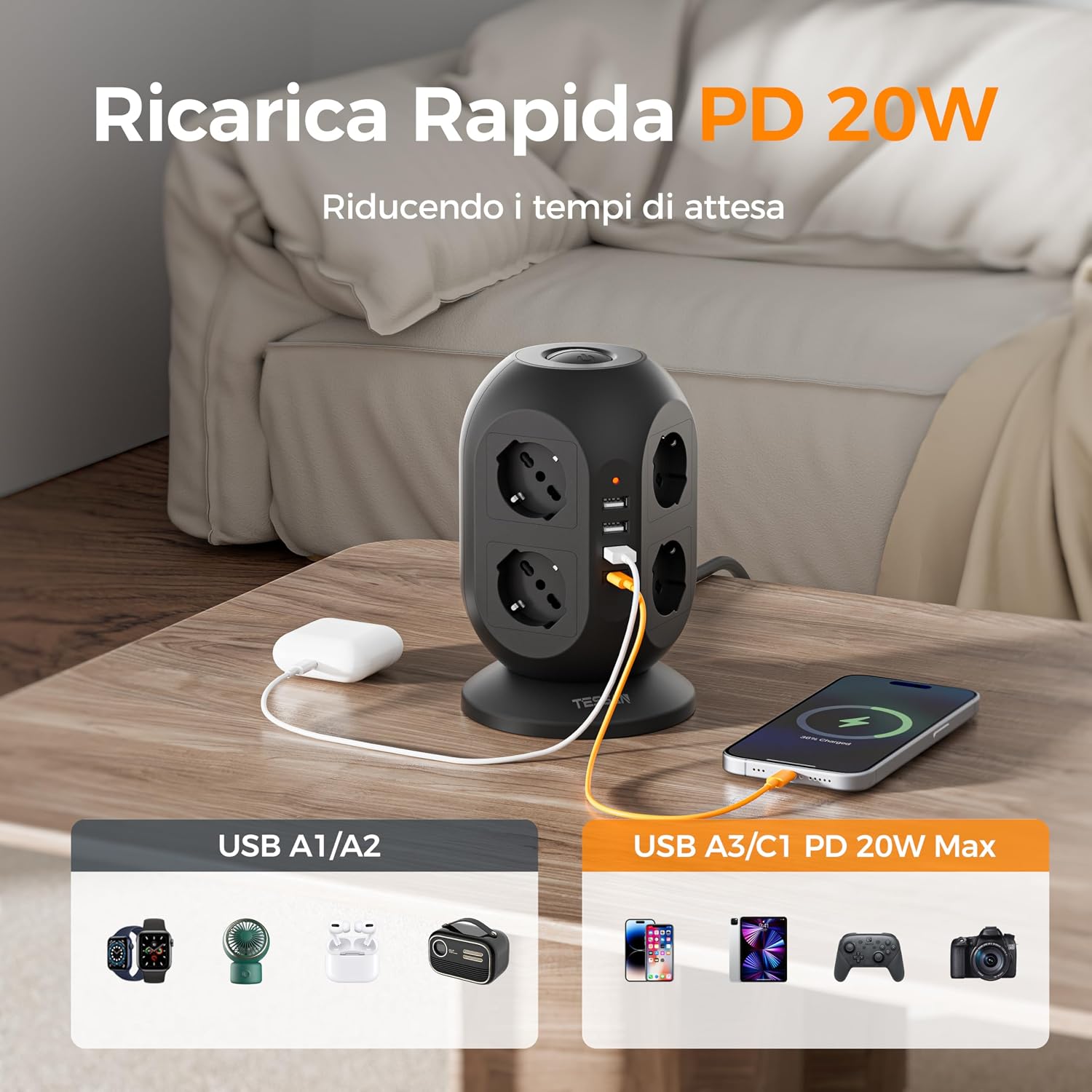 Thumbnail 3 de TESSAN Ciabatta Multipresa 8 Schuko con 4 USB | Torretta con prolunga 2m e interruttore
