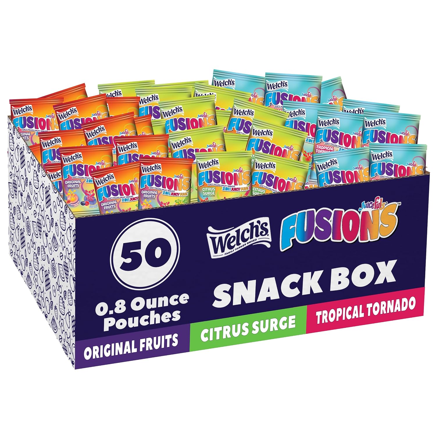 Detalle de Welch's Fruit Snacks Fusions, 50-Count Variety Pack, Gluten-Free, 0.8 oz Pouches