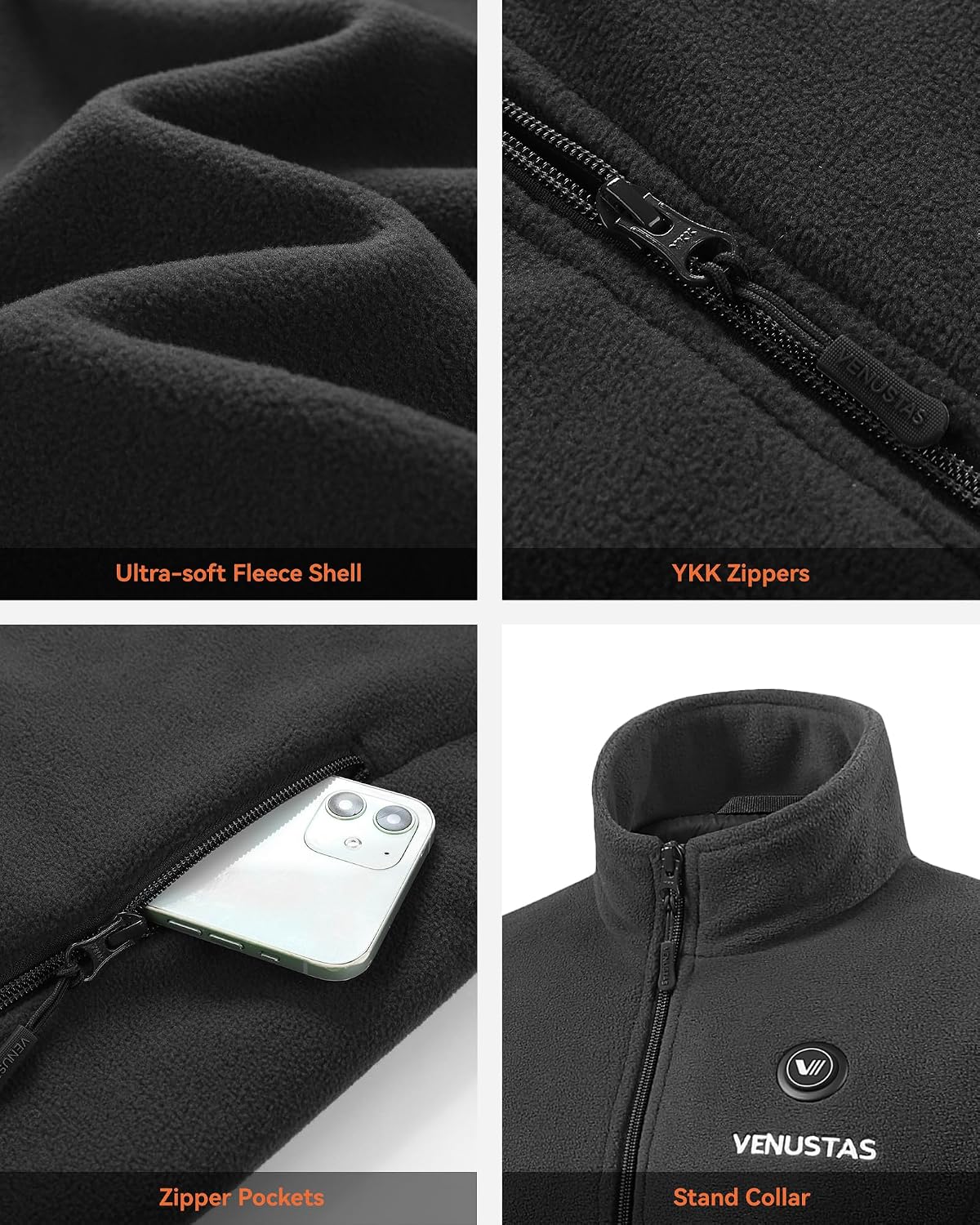 Detalle de Venustas Venustas-6000 Men's Heated Fleece Jacket, 6 Zones, Graphene Lining