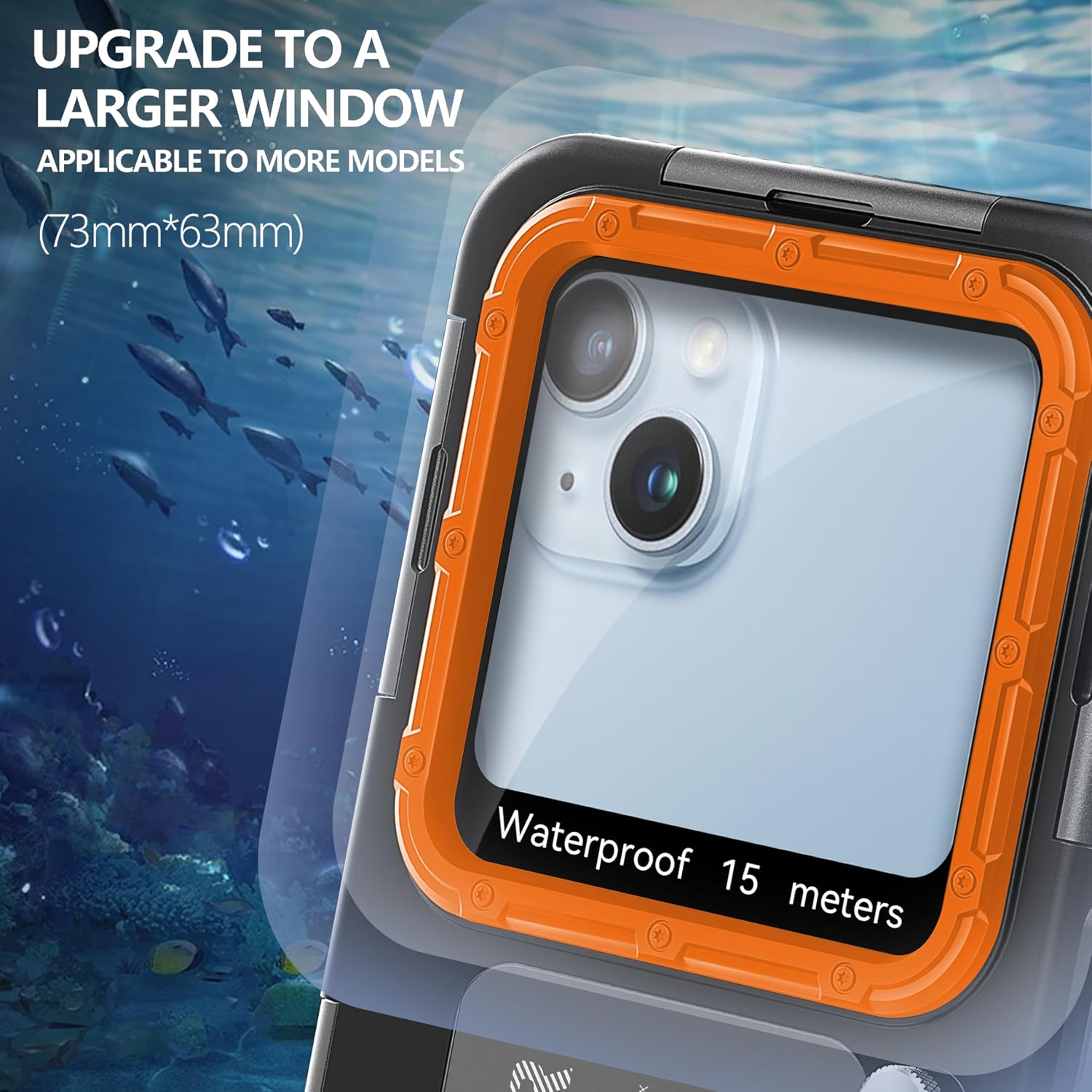 Detalle de Unterwasser-Tauchgehäuse für iPhone 17/16/15/14 Pro Max & mehr – wasserdicht bis 15 m (schwarz-orange)