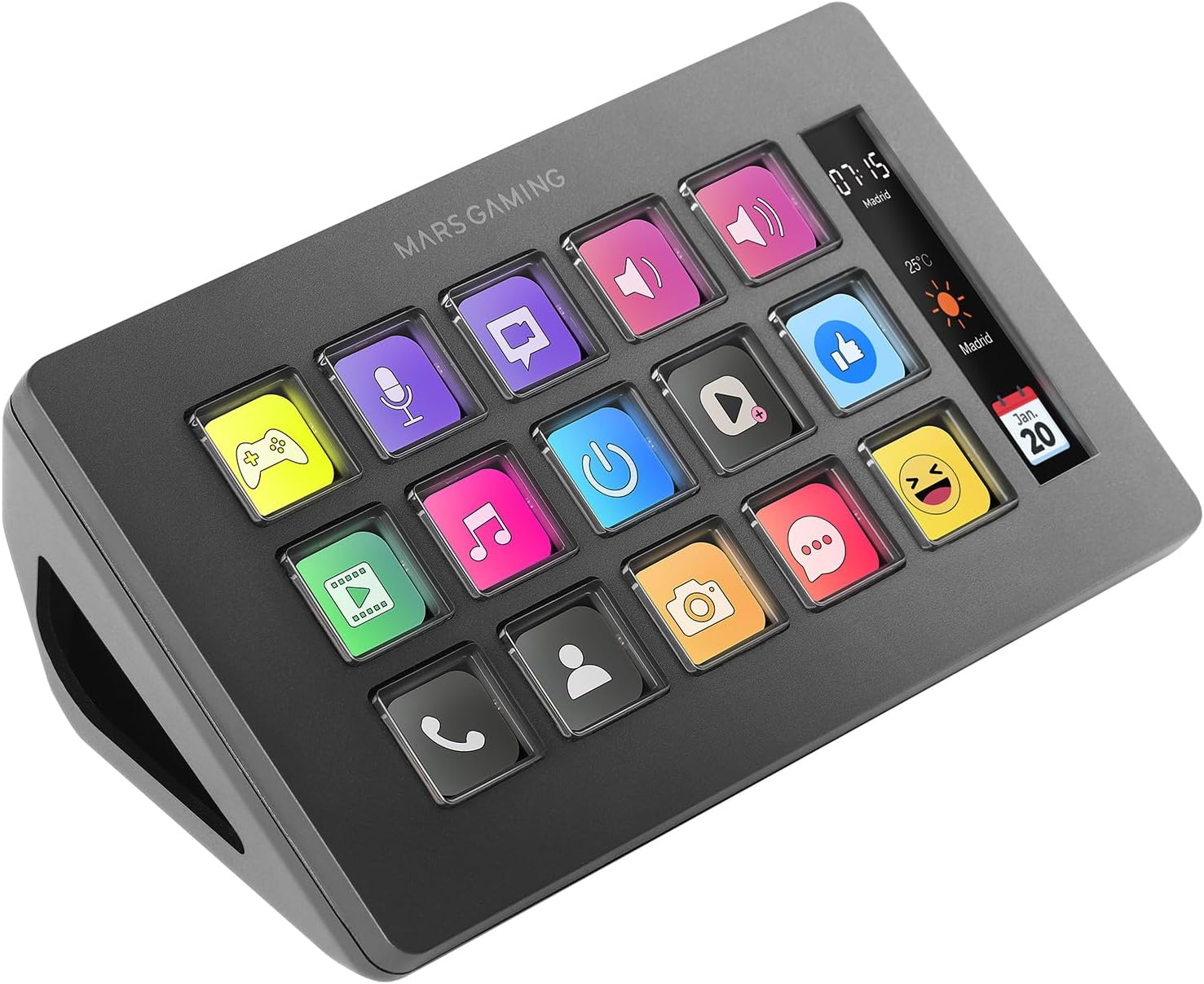 Detalle de Mars Gaming MSD-ONE – smukły panel sterujący z 15 konfigurowalnymi klawiszami LCD