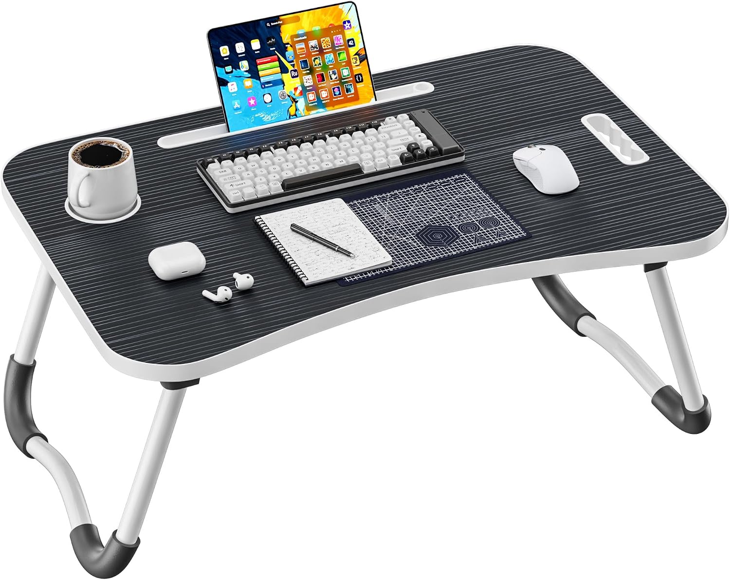 Frpufi LD005 Folding Lap Desk, 23.6-Inch Wood Bed Table with Cup Holder