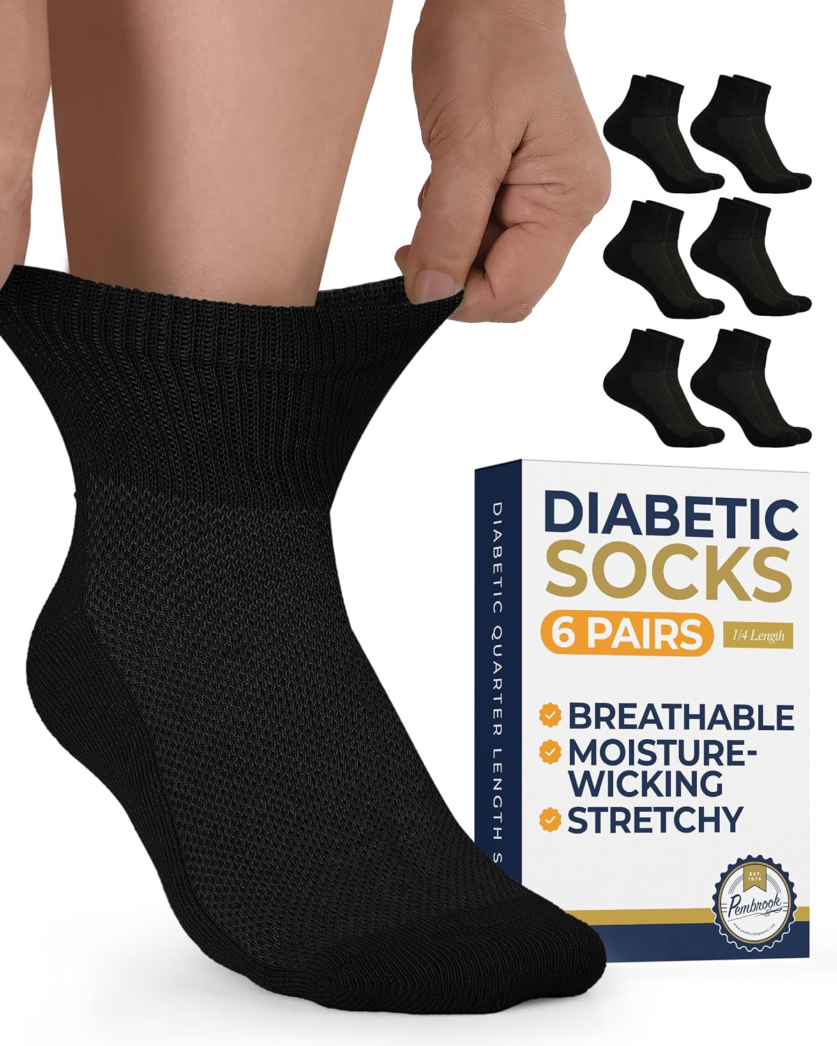 Detalle de Pembrook Ankle Diabetic Socks for Women & Men — 6 Pairs, Wide Non-Binding Quarter Length with Bamboo Comfort