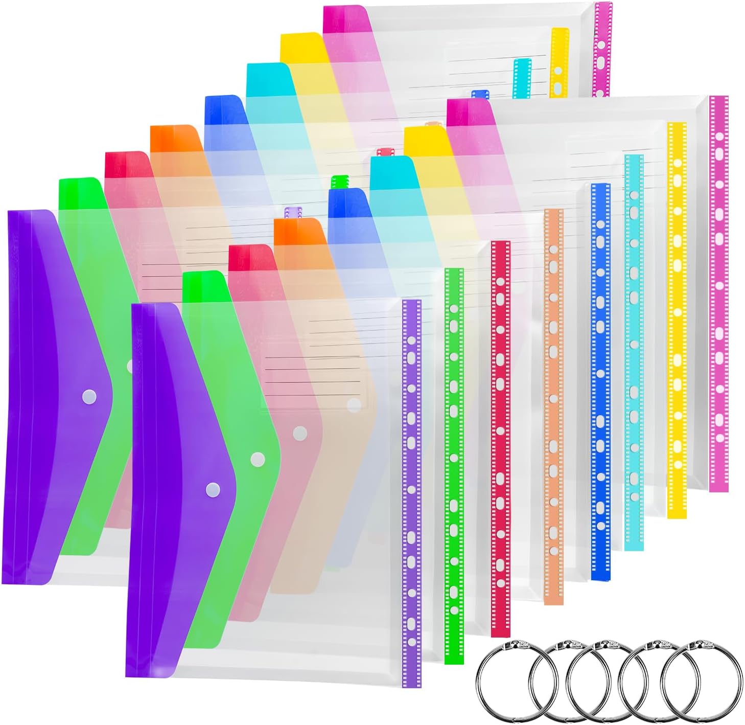 SdreMelo 16-pack A4 punched expandable plastic pockets with snap, 8 colours (5 binder rings included)