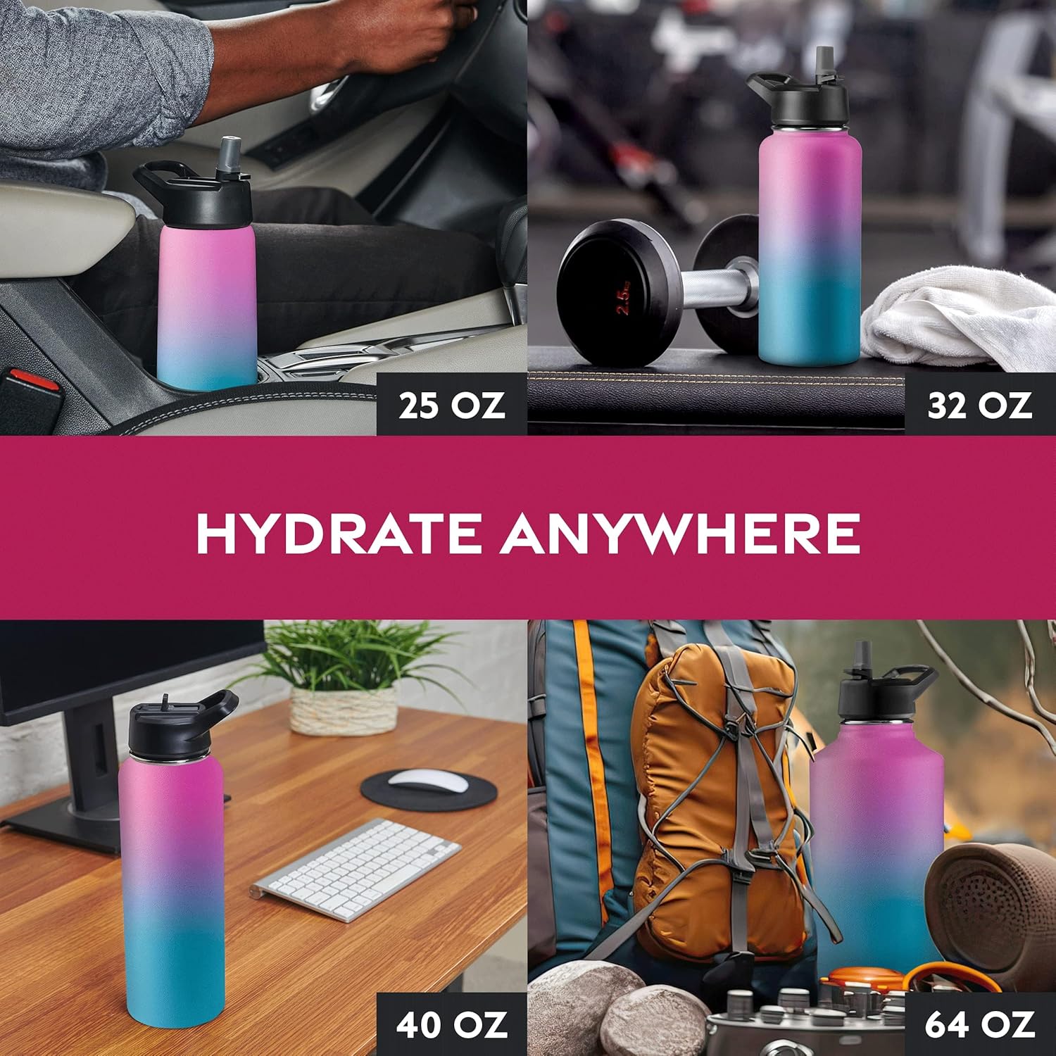 Thumbnail 6 de Triple-Walled Insulated Stainless Steel Water Bottle with Straw (1888ml) and 3 Leak-Proof Lids – Pacific Blue Rose Blend