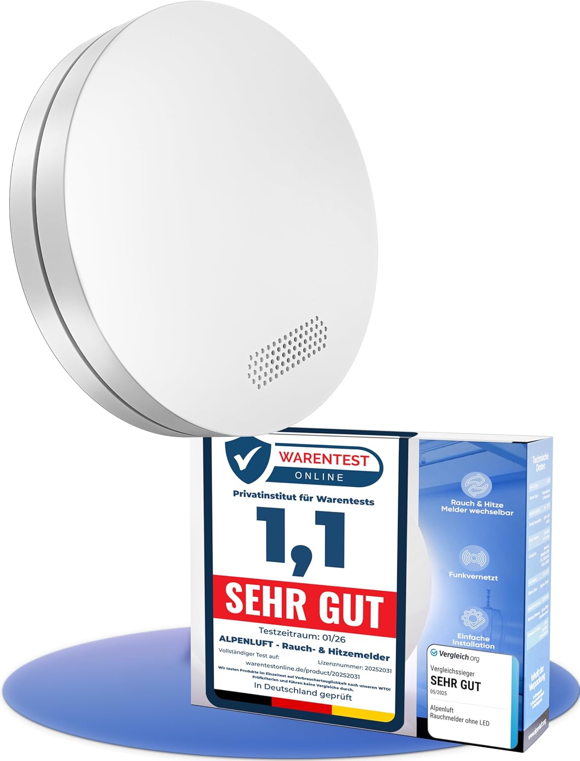 Detalle de ALPENLUFT Funk-Rauchmelder 2in1 mit 10‑Jahres-Batterie, vernetzbar (ohne Bohren, ohne LED-Blinken)