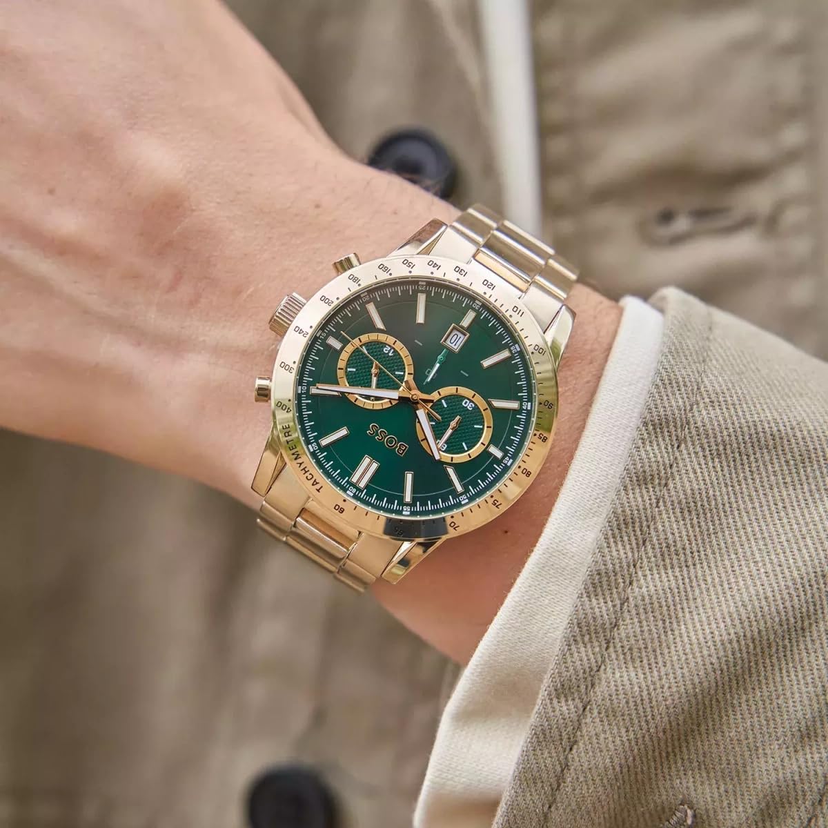 Detalle de BOSS Chronograph Quarz Uhr für Herren – Allure Kollektion mit Goldfarbenem Edelstahlarmband (1513923)