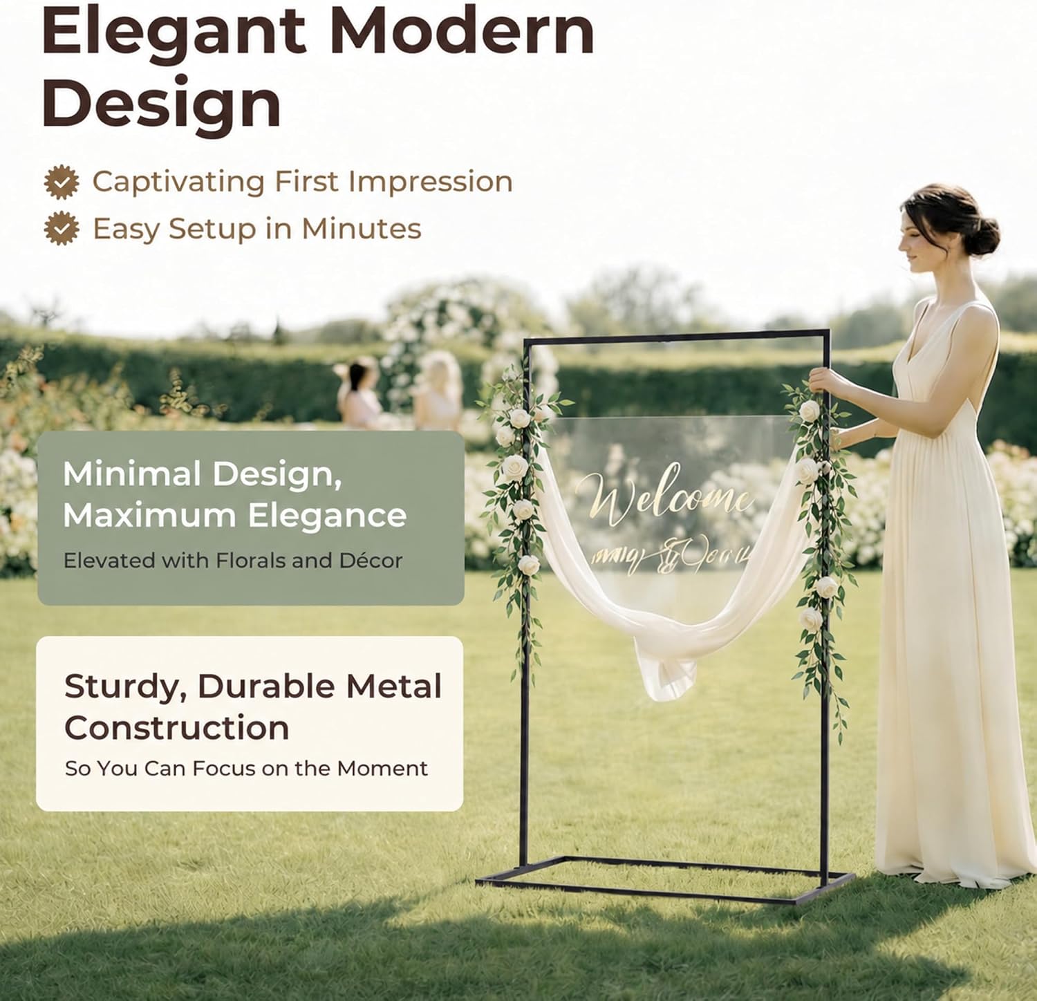Detalle 2 de WEDORA Wedding Welcome Sign Stand, 127 cm Black Metal Easel with 6 Straps