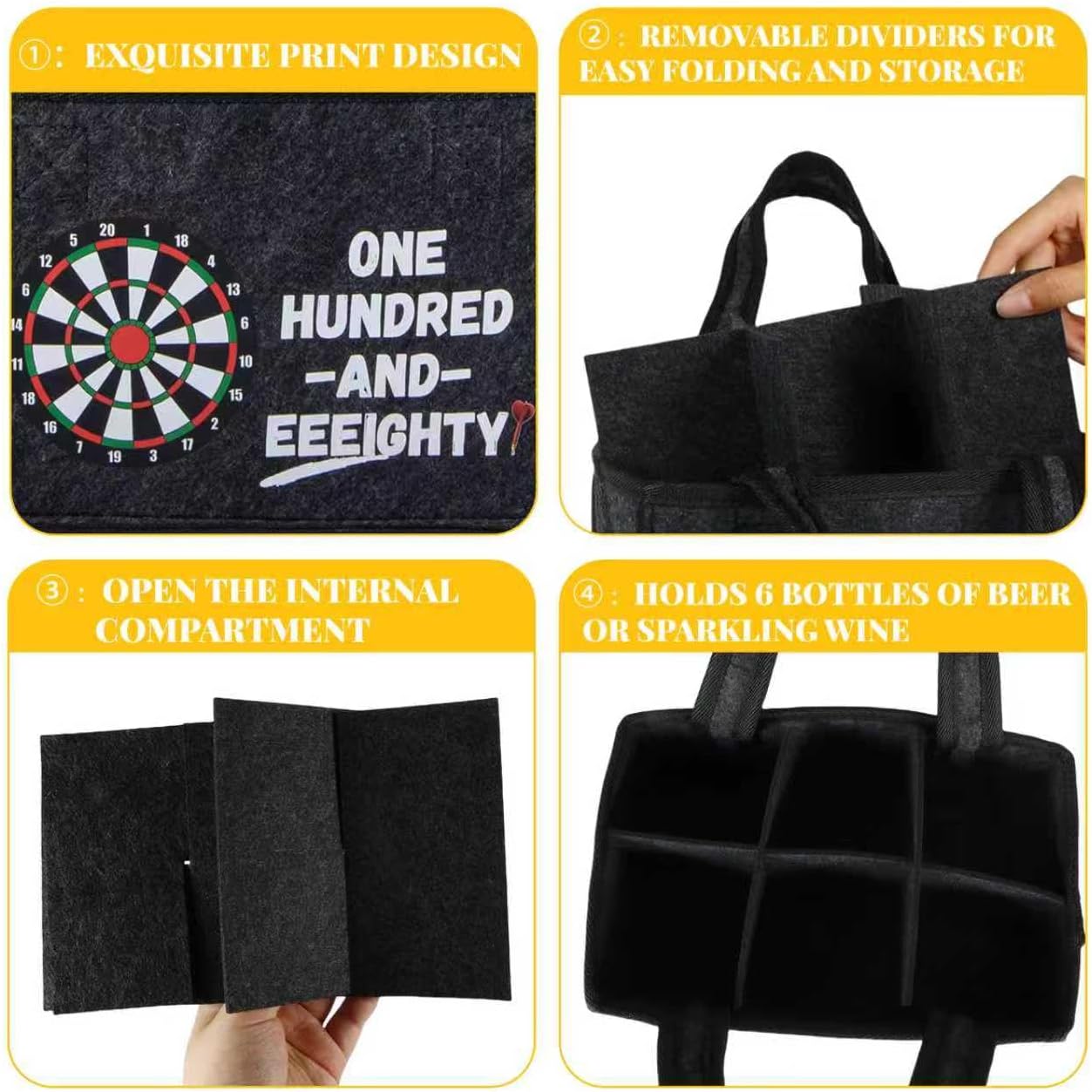 Detalle de UV STYLISH “WOO 180!” Reusable Felt Beer Carrier Bag for Darts Fans (holds 6 bottles)