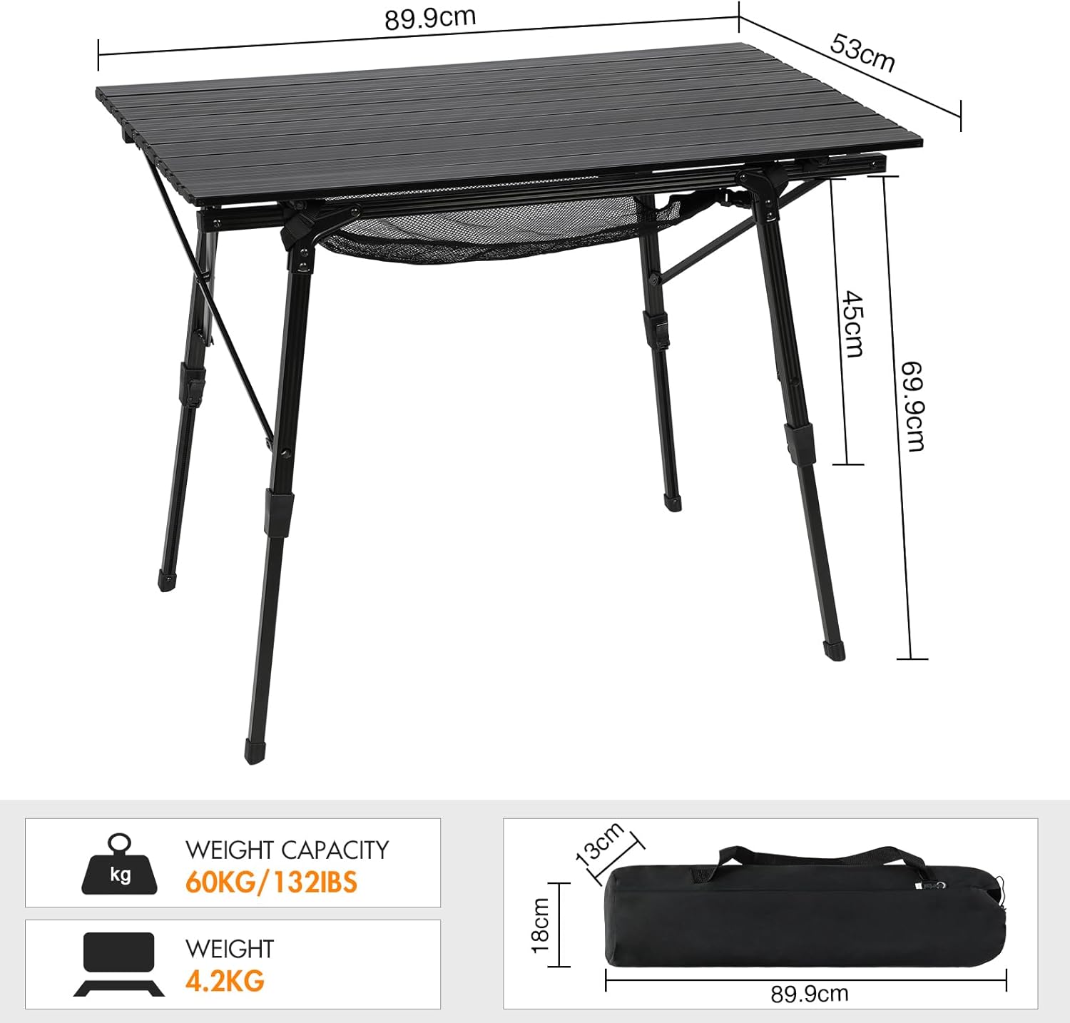 Detalle de Portal faltbarer Campingtisch mit höhenverstellbaren 4 Beinen (Aluminium) 90 x 53 cm für bis zu 4 Personen
