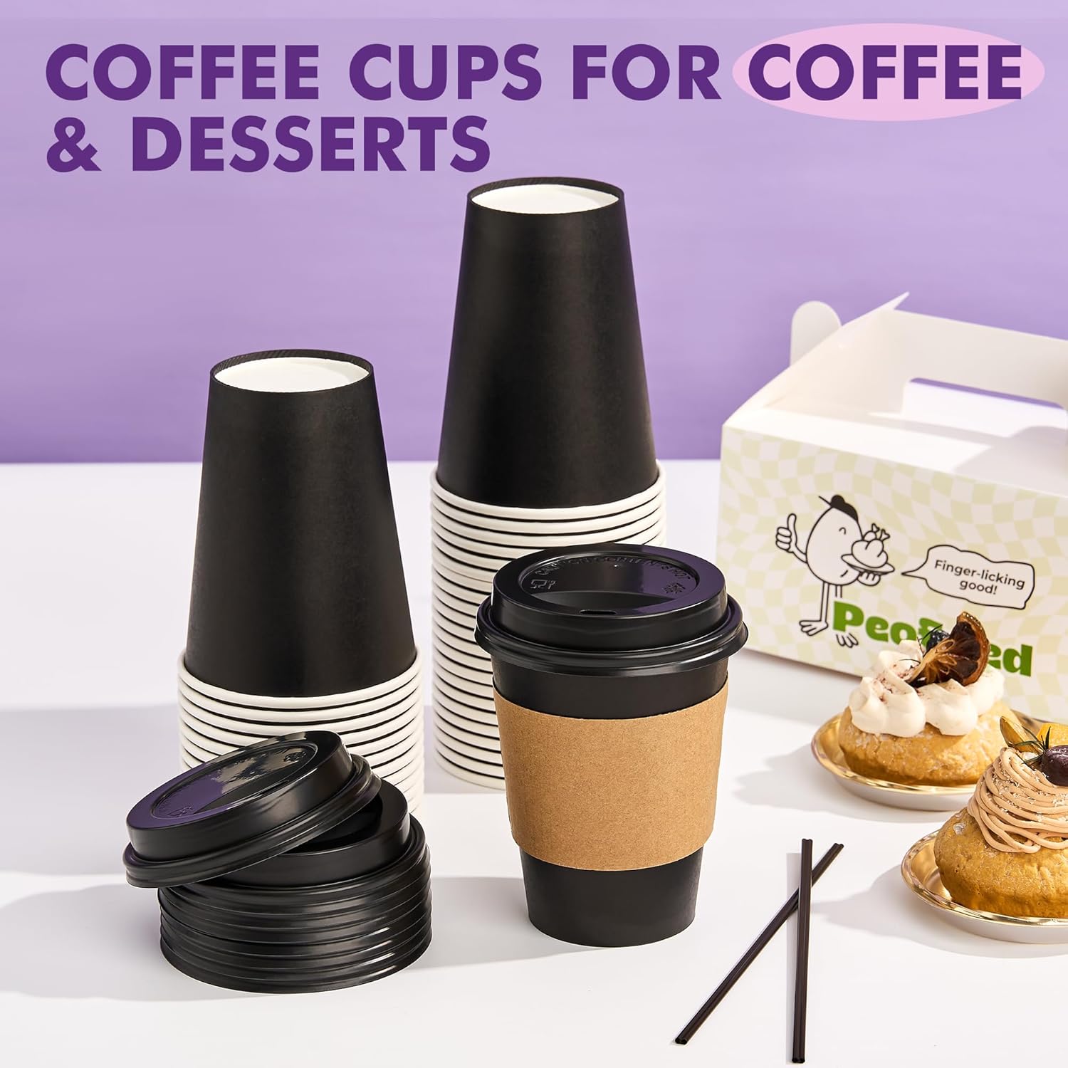 Thumbnail 6 de PACKINNO 12 oz 50 Count Black Disposable Cups with Lids, Sleeves, and Straws (All-in-One)