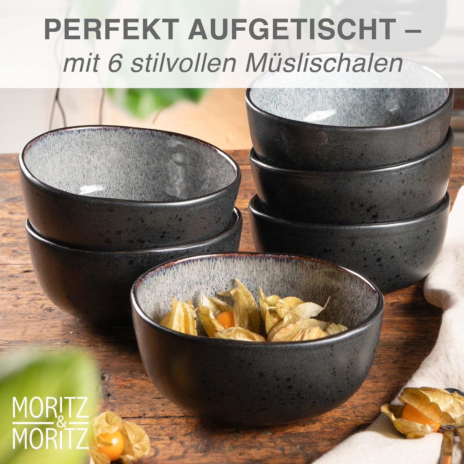 Detalle de Moritz & Moritz ORGANIC Müslischalen Set 6-teilig Grau – Steingut-Schalen mit Farbverlauf, ca. 500 ml