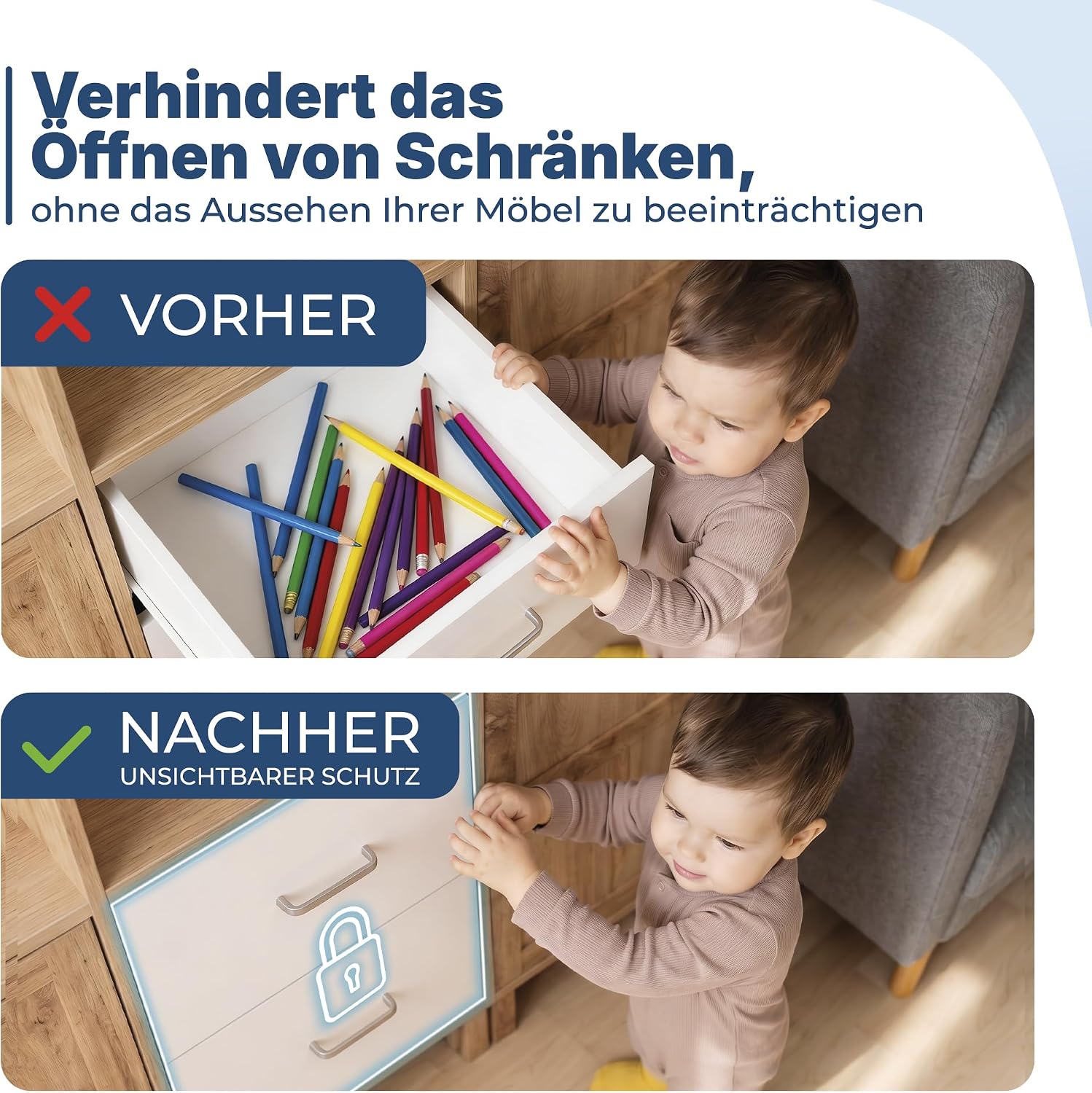 Detalle de Hoffenbach Magnetische Kindersicherung 12 Schlösser + 3 Schlüssel – unsichtbar, ohne Bohren