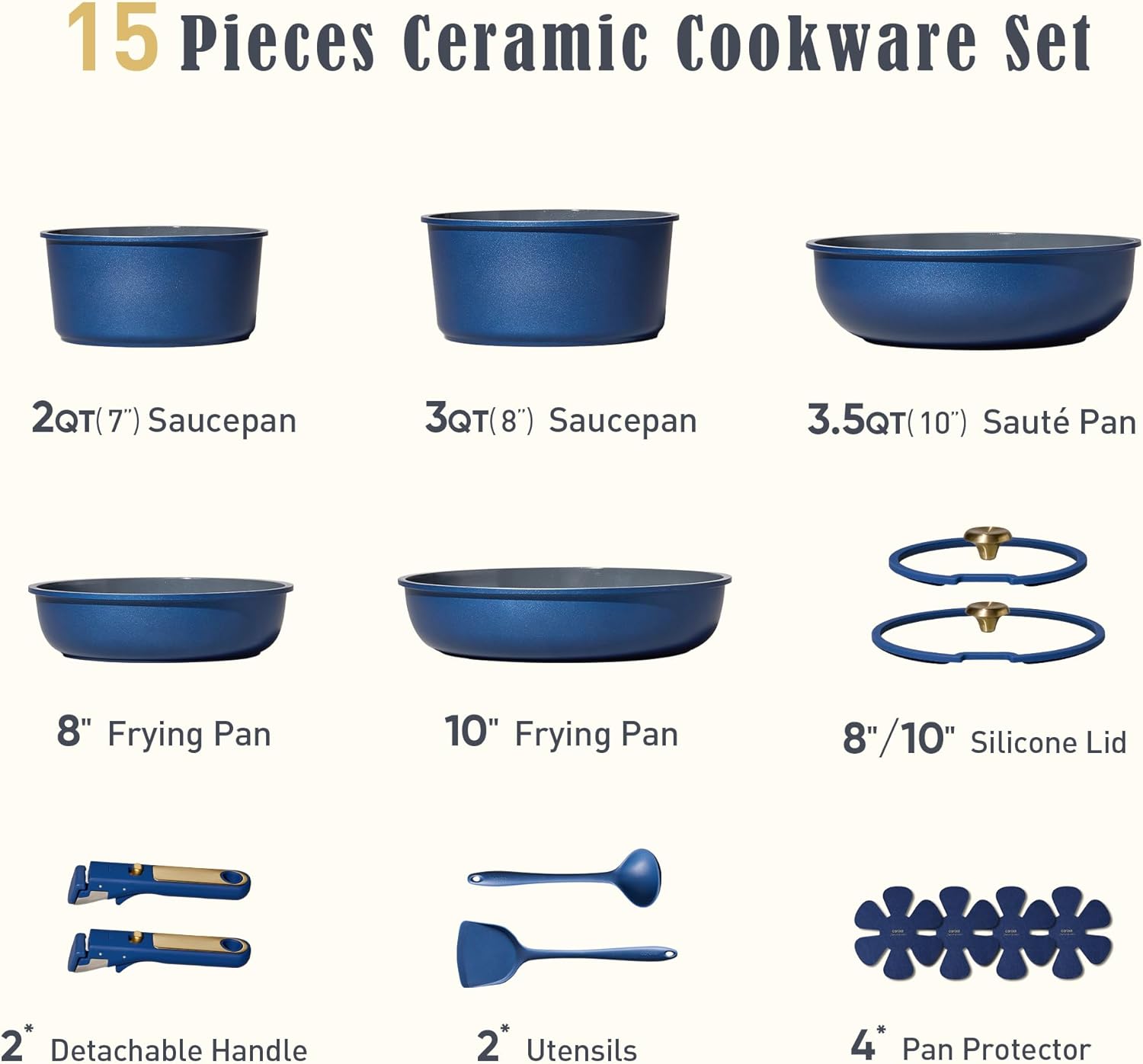 Thumbnail 1 de CAROTE Blue & Gold Ceramic Cookware Set: Non-Toxic, PFAS-Free 15-Piece with Detachable Handles