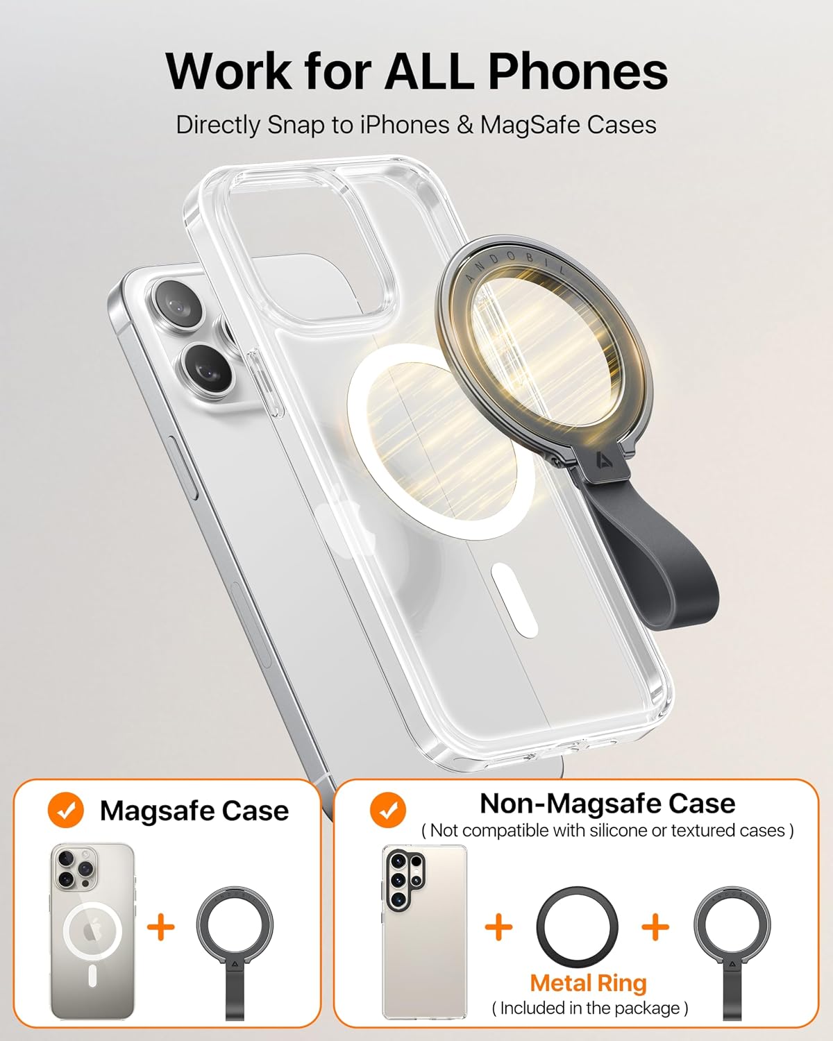 Detalle de andobil ZDH-02 MagSafe Phone Grip and Kickstand, Dual-Sided Magnet